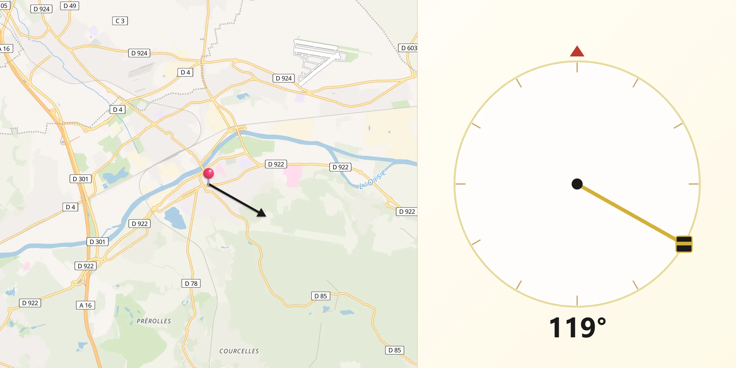 Direction vers la Qibla depuis Beaumont-sur-Oise