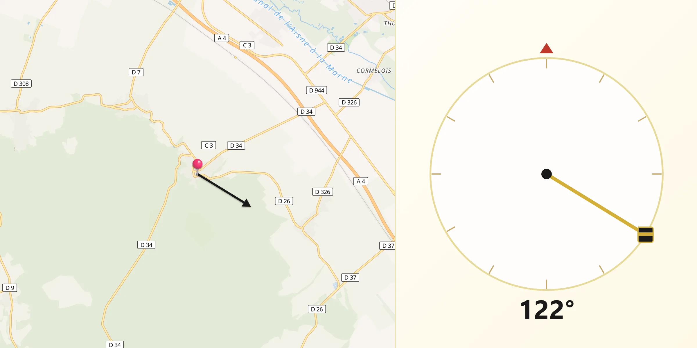 Direction vers la Qibla depuis Verzy
