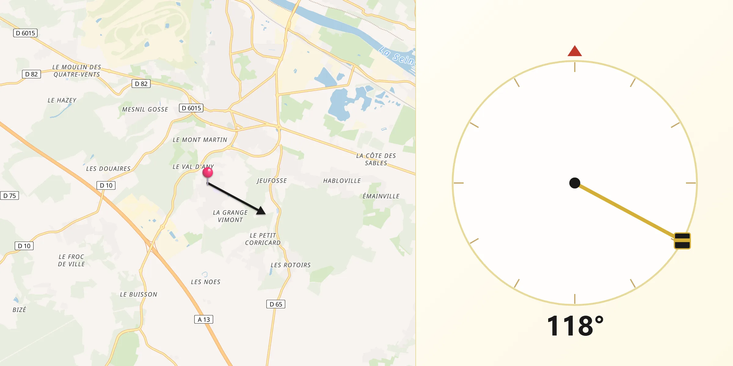 Direction vers la Qibla depuis Saint-Aubin-sur-Gaillon