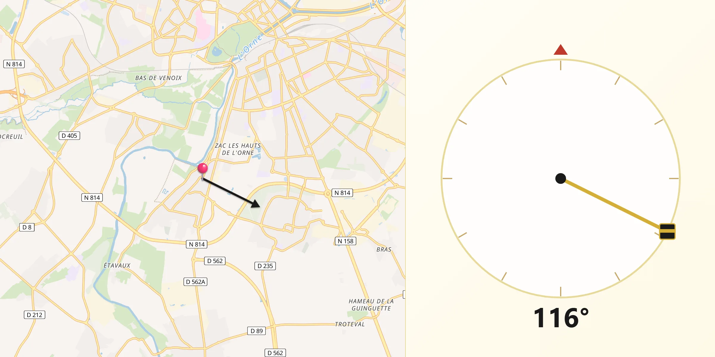 Direction vers la Qibla depuis Fleury-sur-Orne