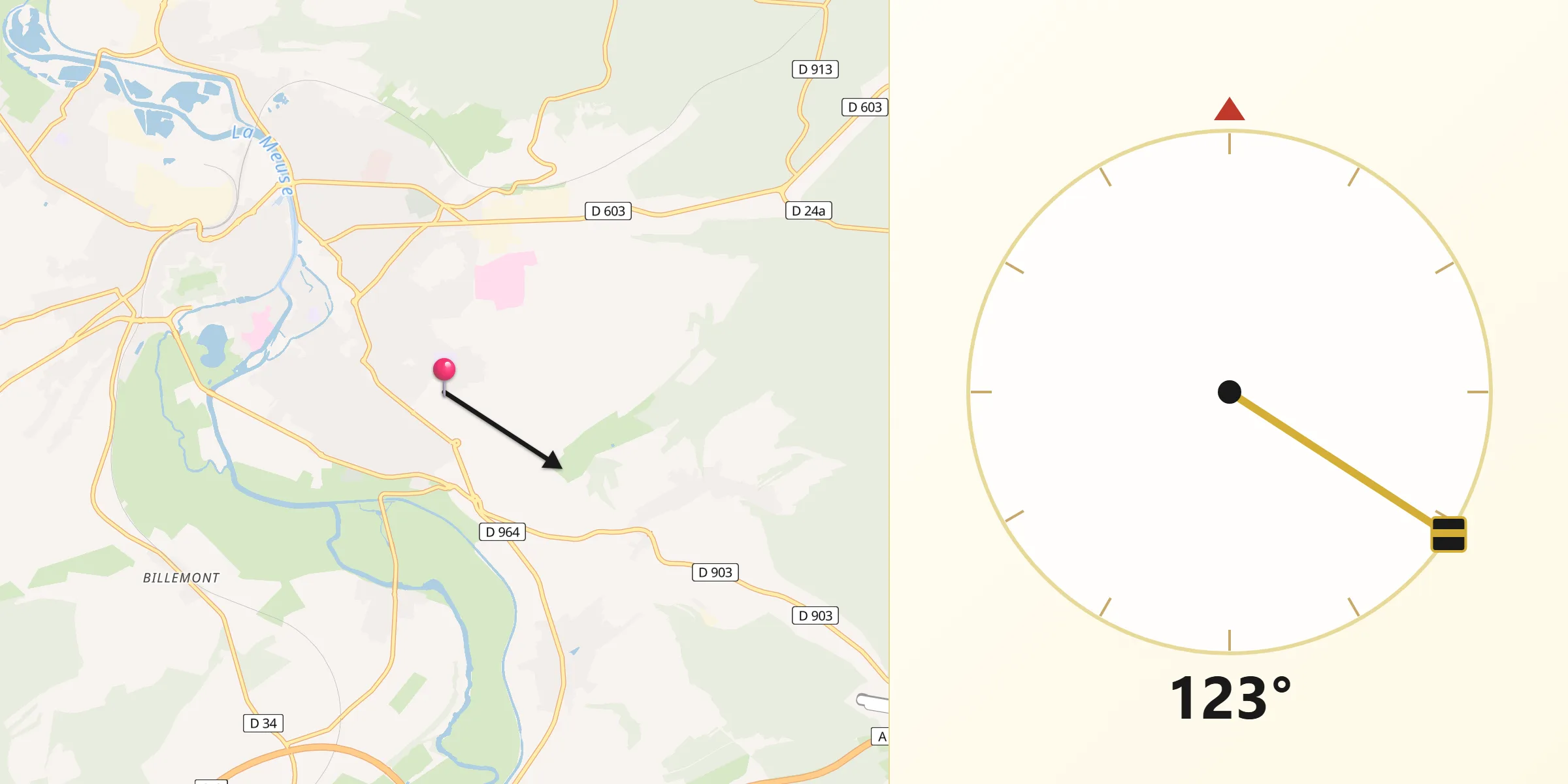 Direction vers la Qibla depuis Belrupt-en-Verdunois