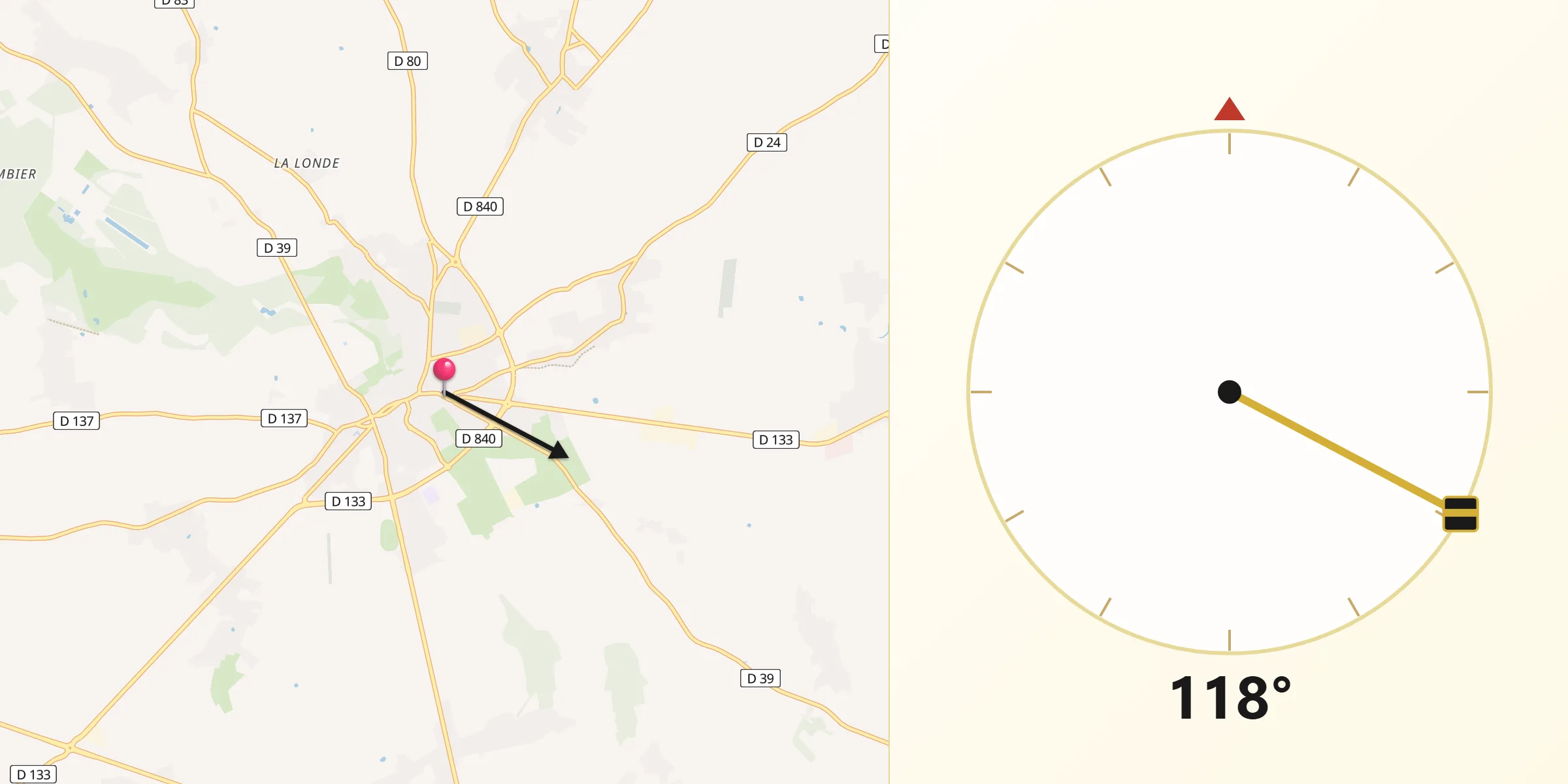Direction vers la Qibla depuis Le Neubourg