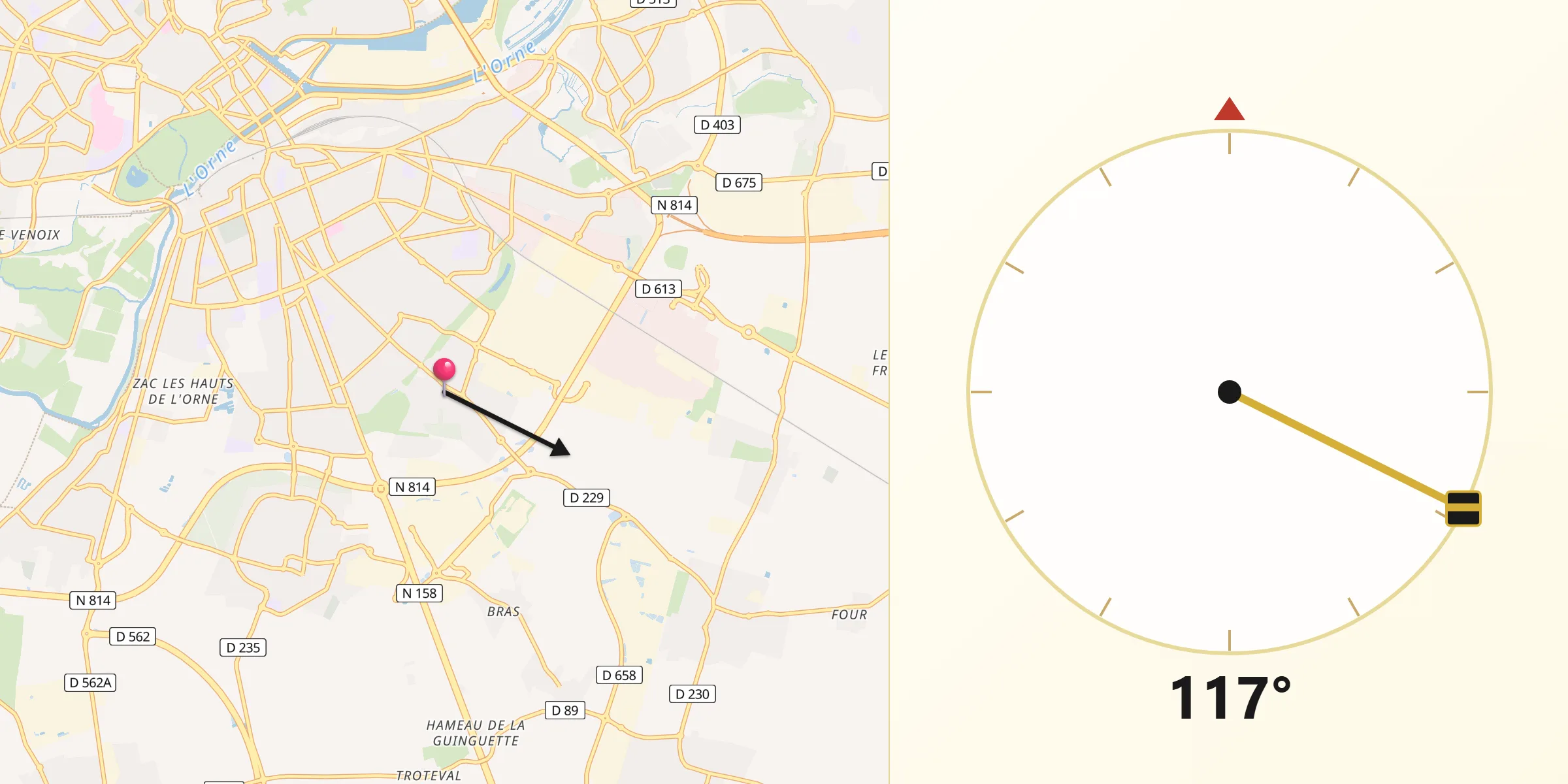 Direction vers la Qibla depuis Cormelles-le-Royal