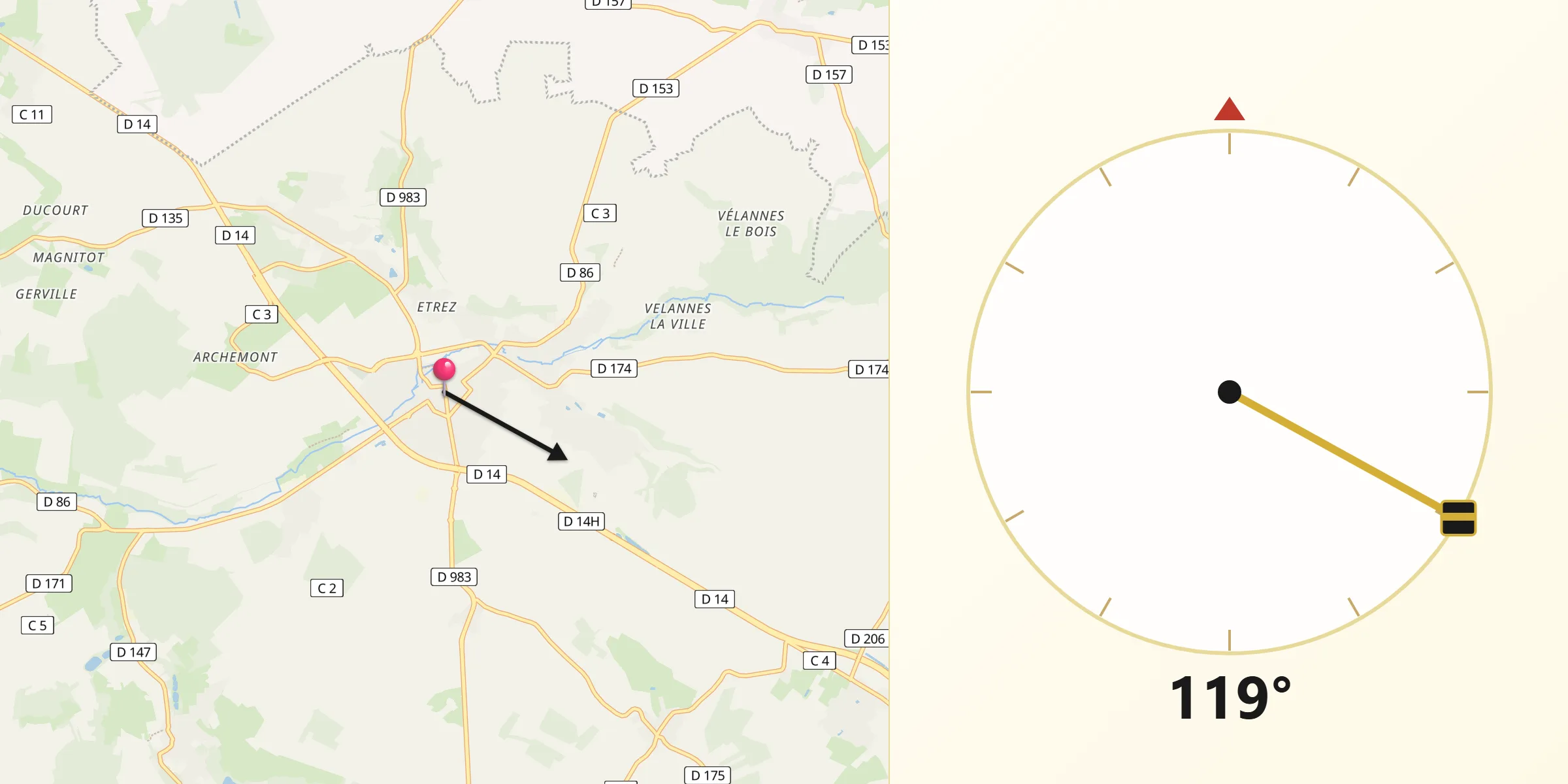 Direction vers la Qibla depuis Magny-en-Vexin