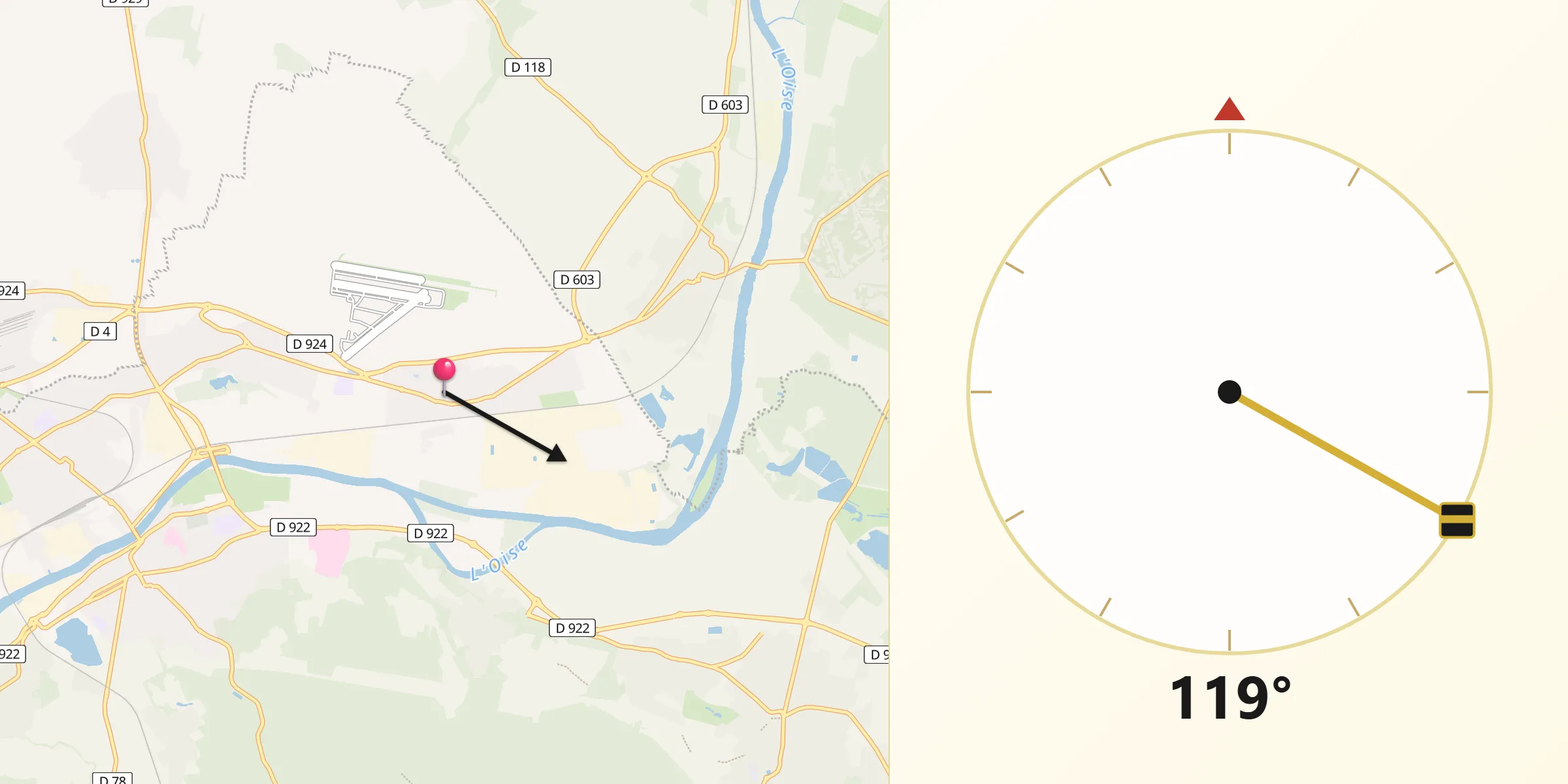 Direction vers la Qibla depuis Bruyères-sur-Oise