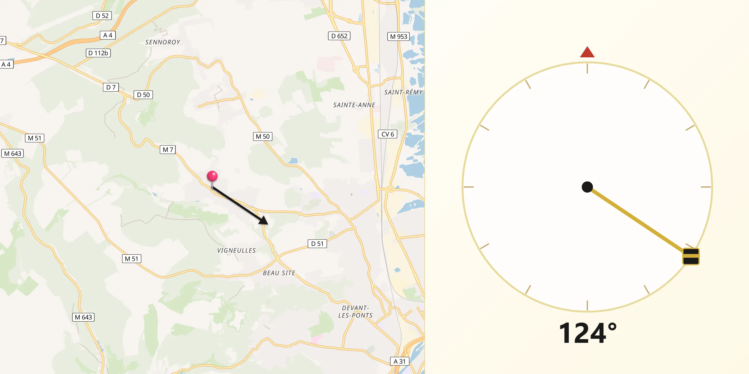 Direction vers la Qibla depuis Saulny