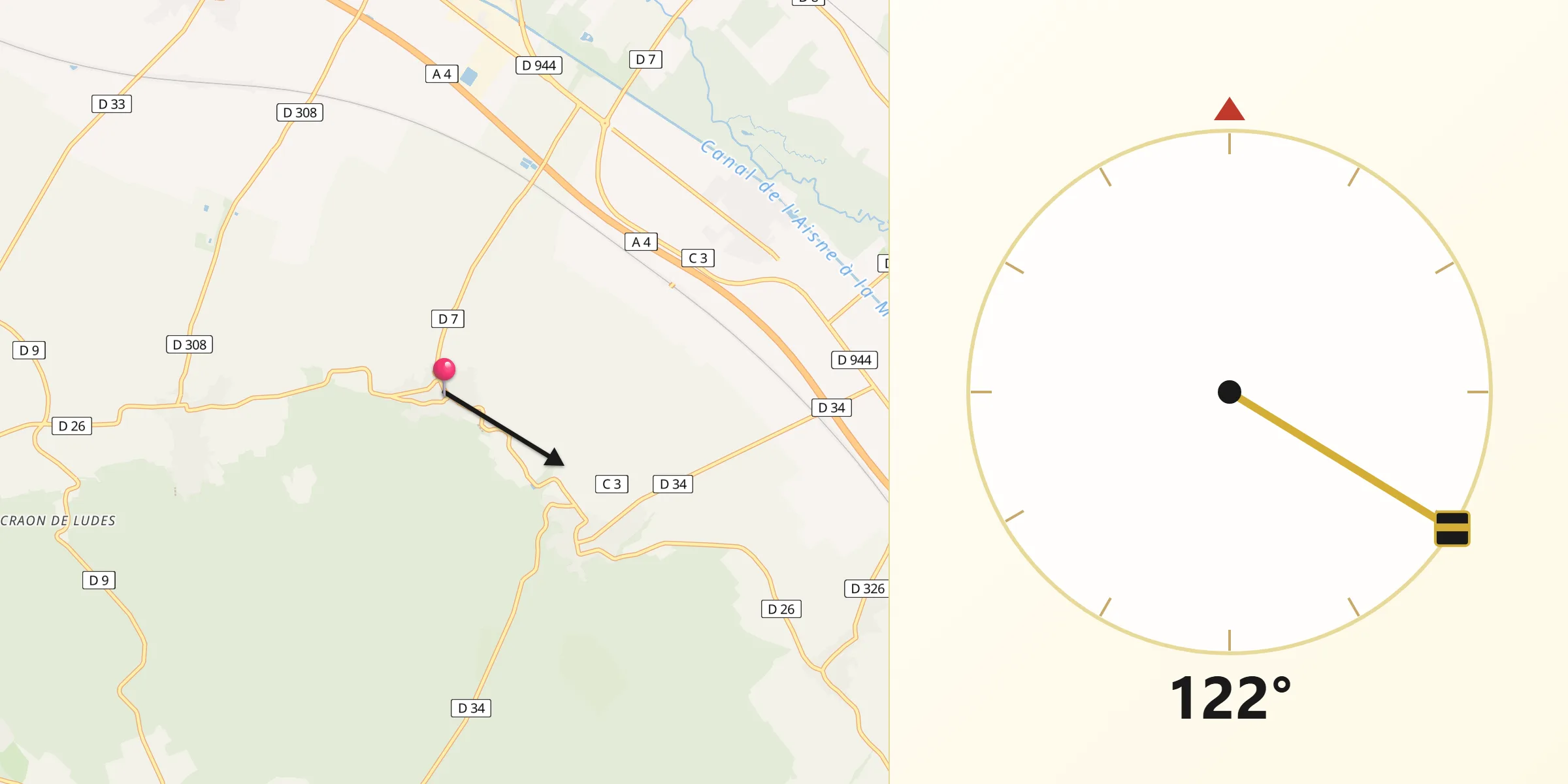 Direction vers la Qibla depuis Verzenay