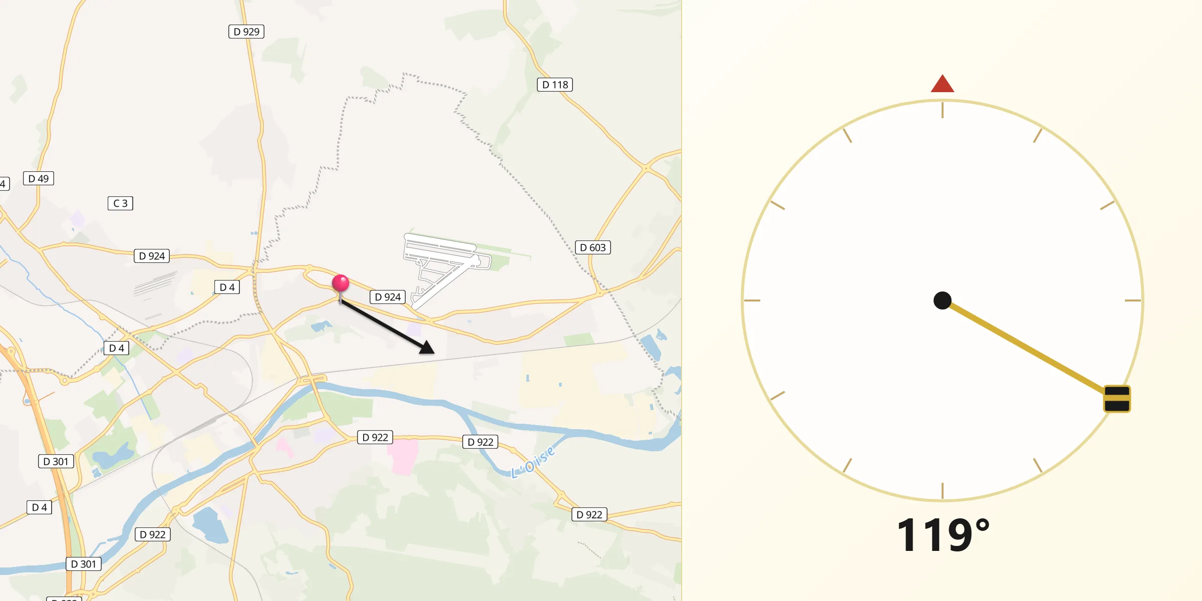 Direction vers la Qibla depuis Bernes-sur-Oise