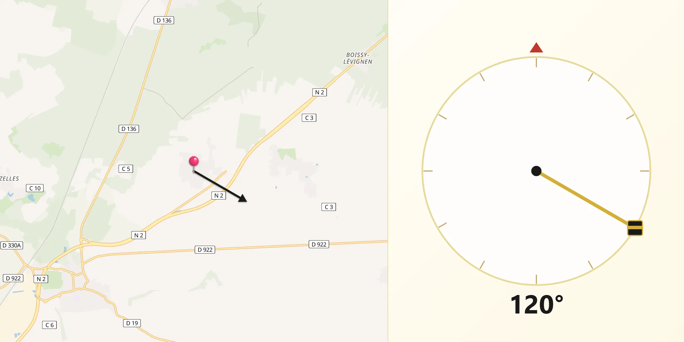 Direction vers la Qibla depuis Péroy-les-Gombries