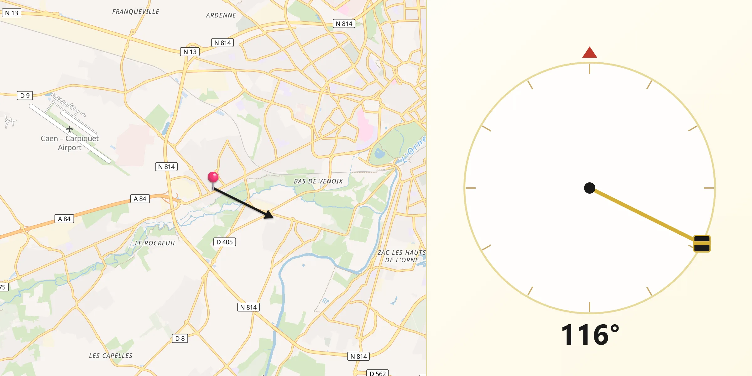 Direction vers la Qibla depuis Bretteville-sur-Odon
