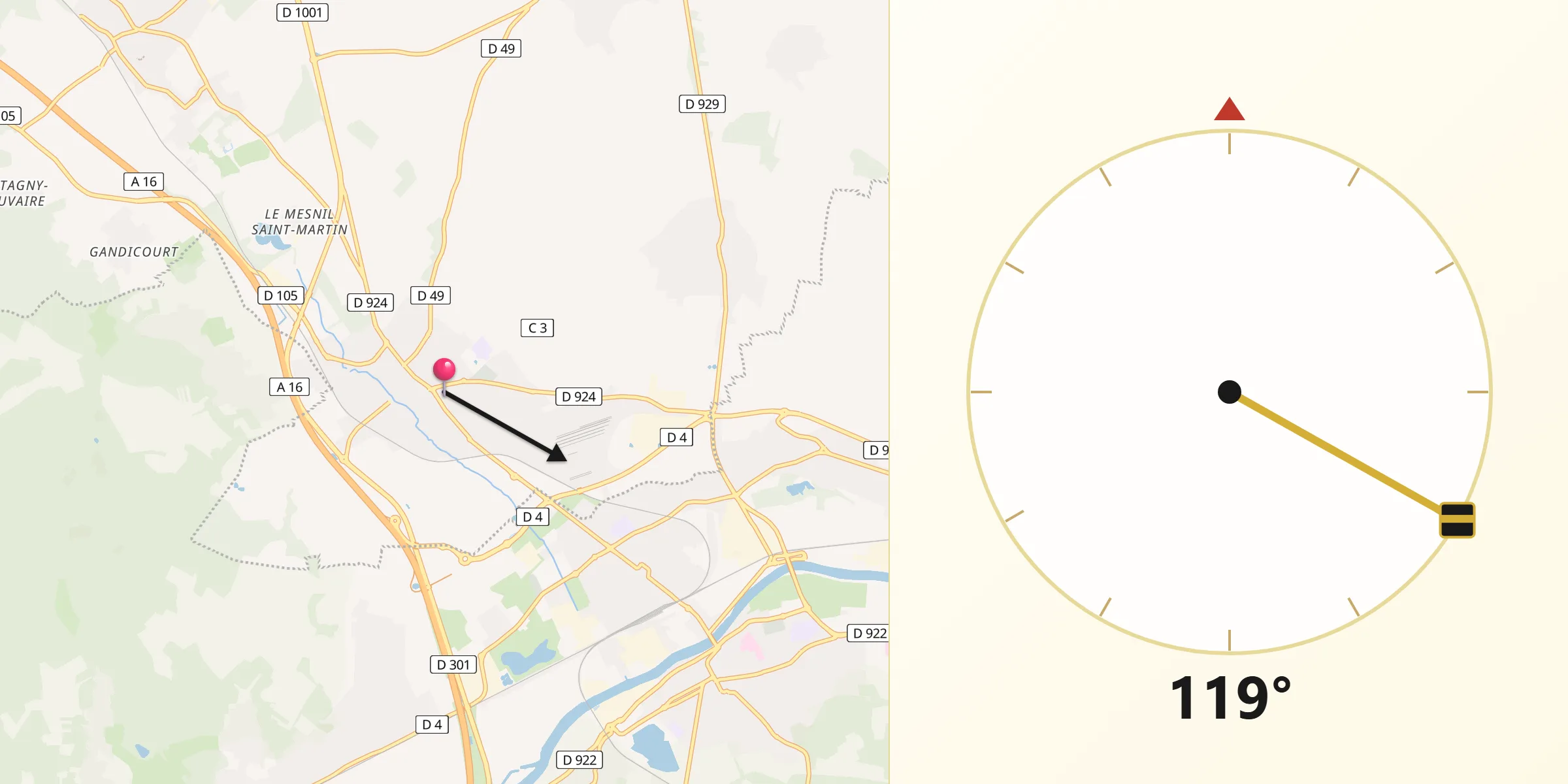 Direction vers la Qibla depuis Chambly