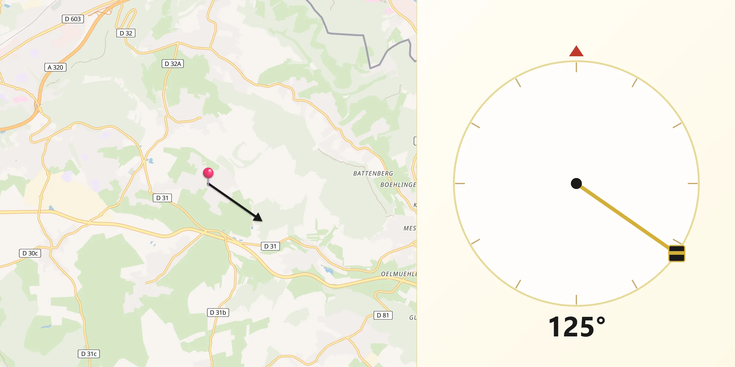 Direction vers la Qibla depuis Kerbach