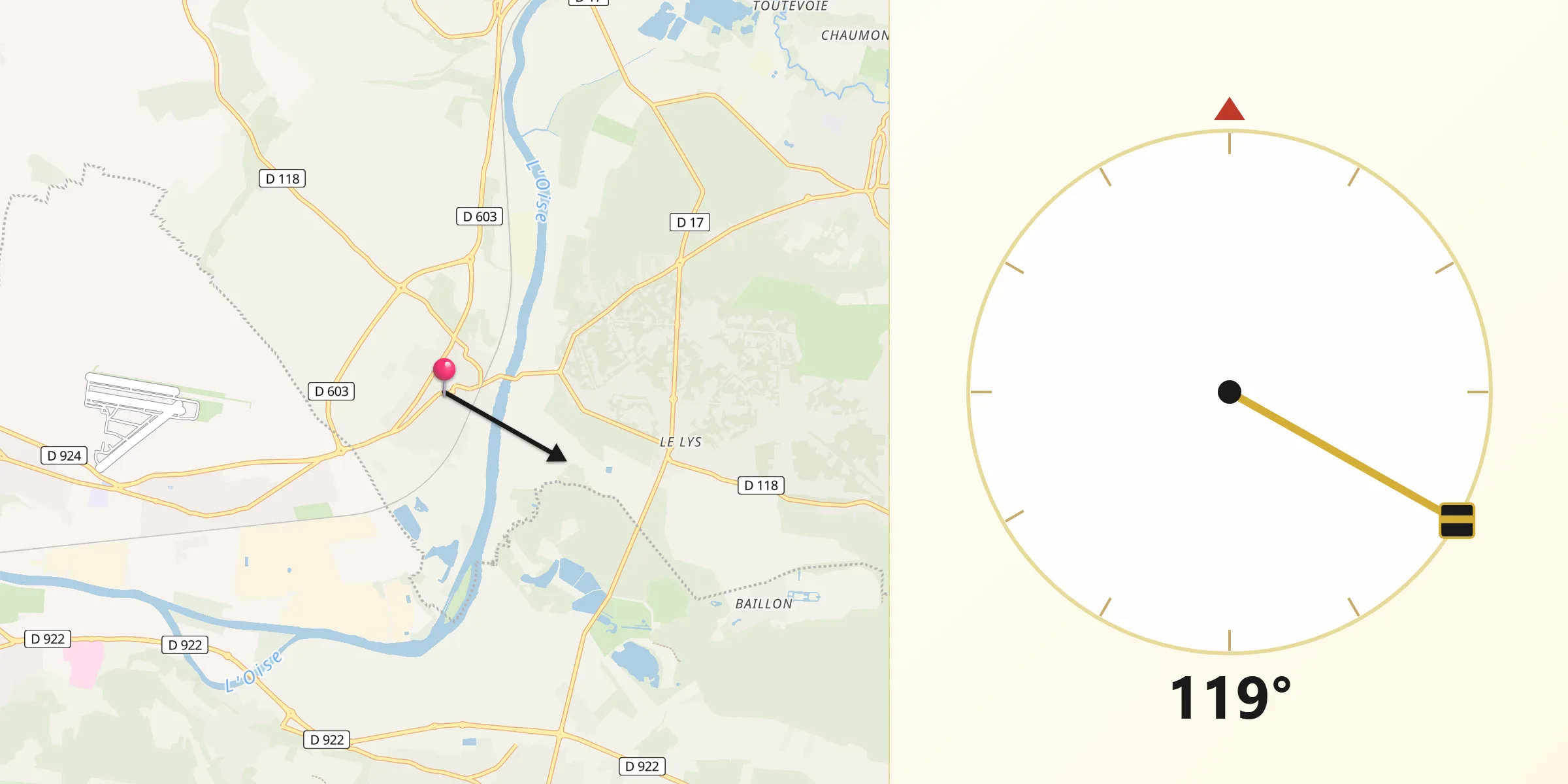 Direction vers la Qibla depuis Boran-sur-Oise