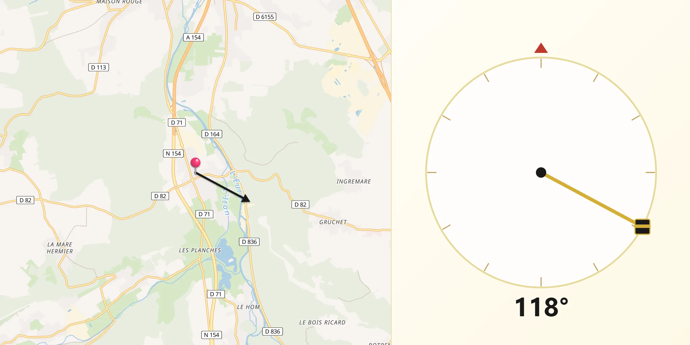 Direction vers la Qibla depuis Acquigny