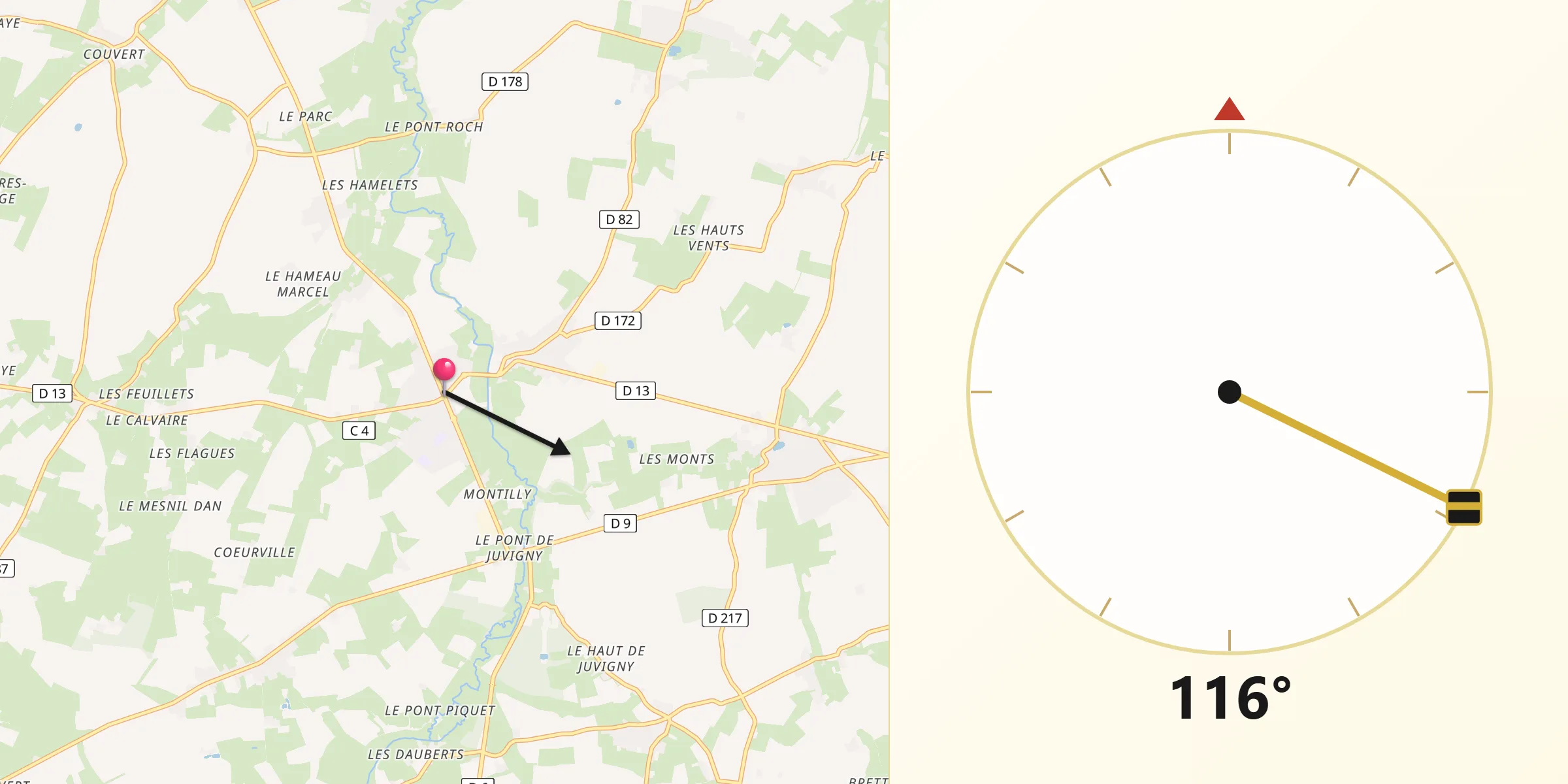 Direction vers la Qibla depuis Tilly-sur-Seulles