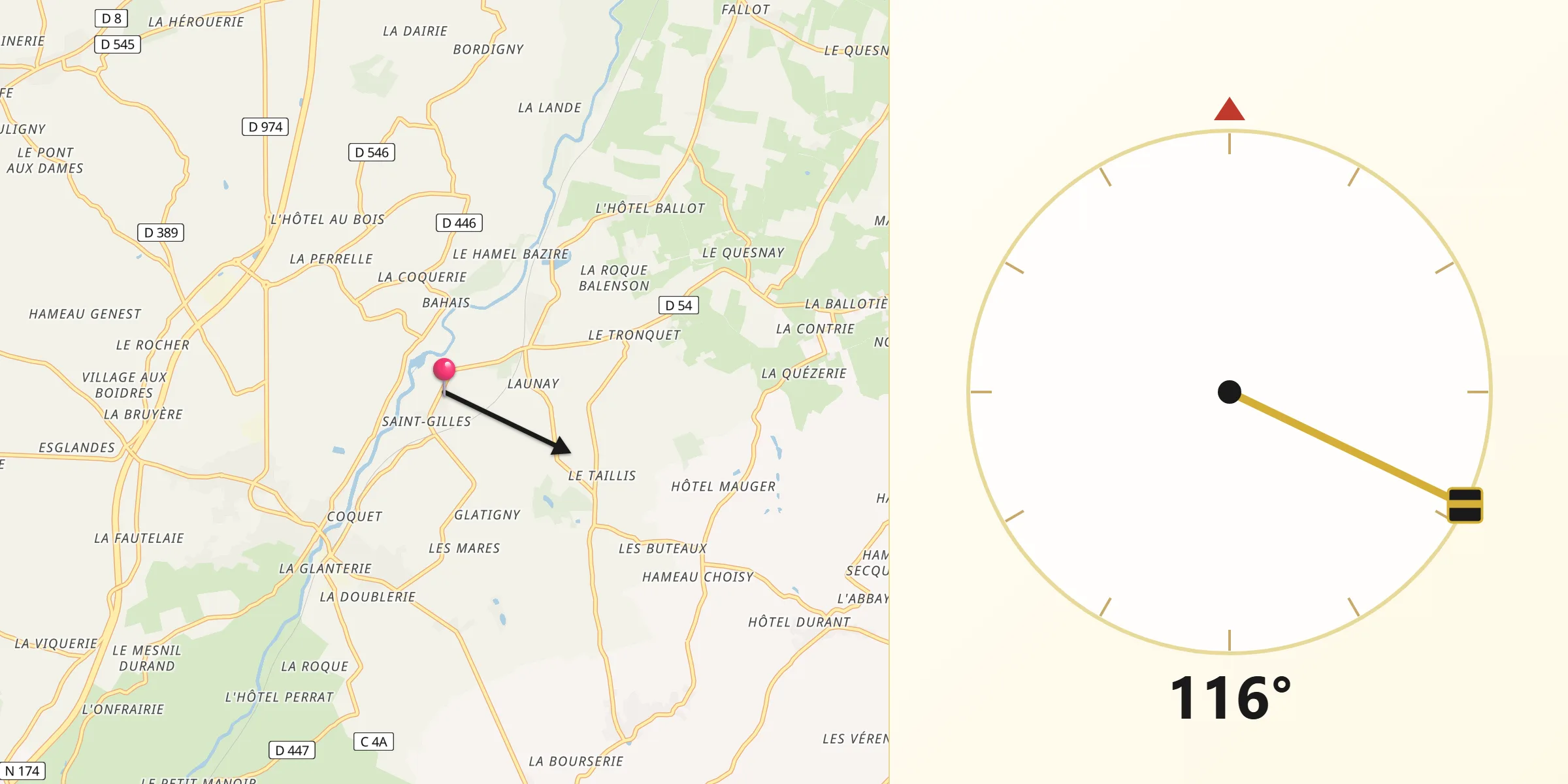 Direction vers la Qibla depuis La Meauffe