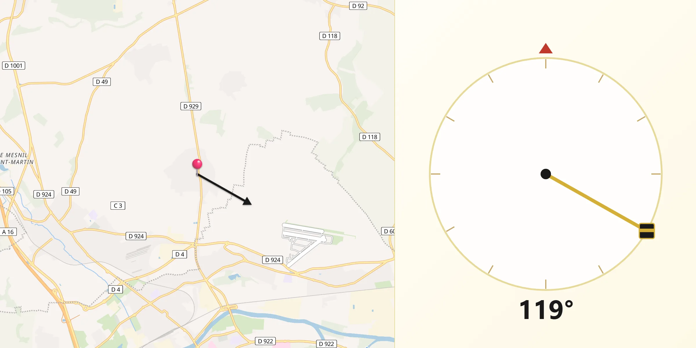 Direction vers la Qibla depuis Le Mesnil-en-Thelle