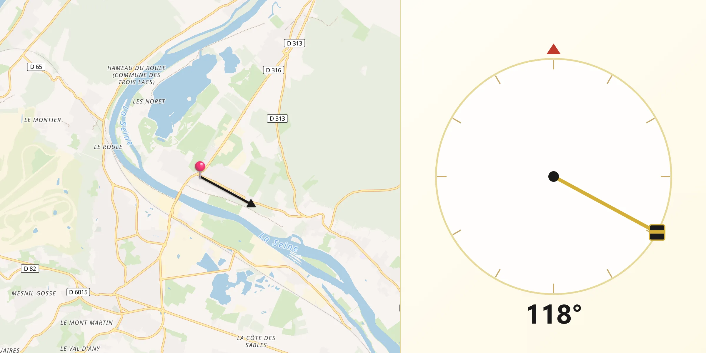 Direction vers la Qibla depuis Courcelles-sur-Seine