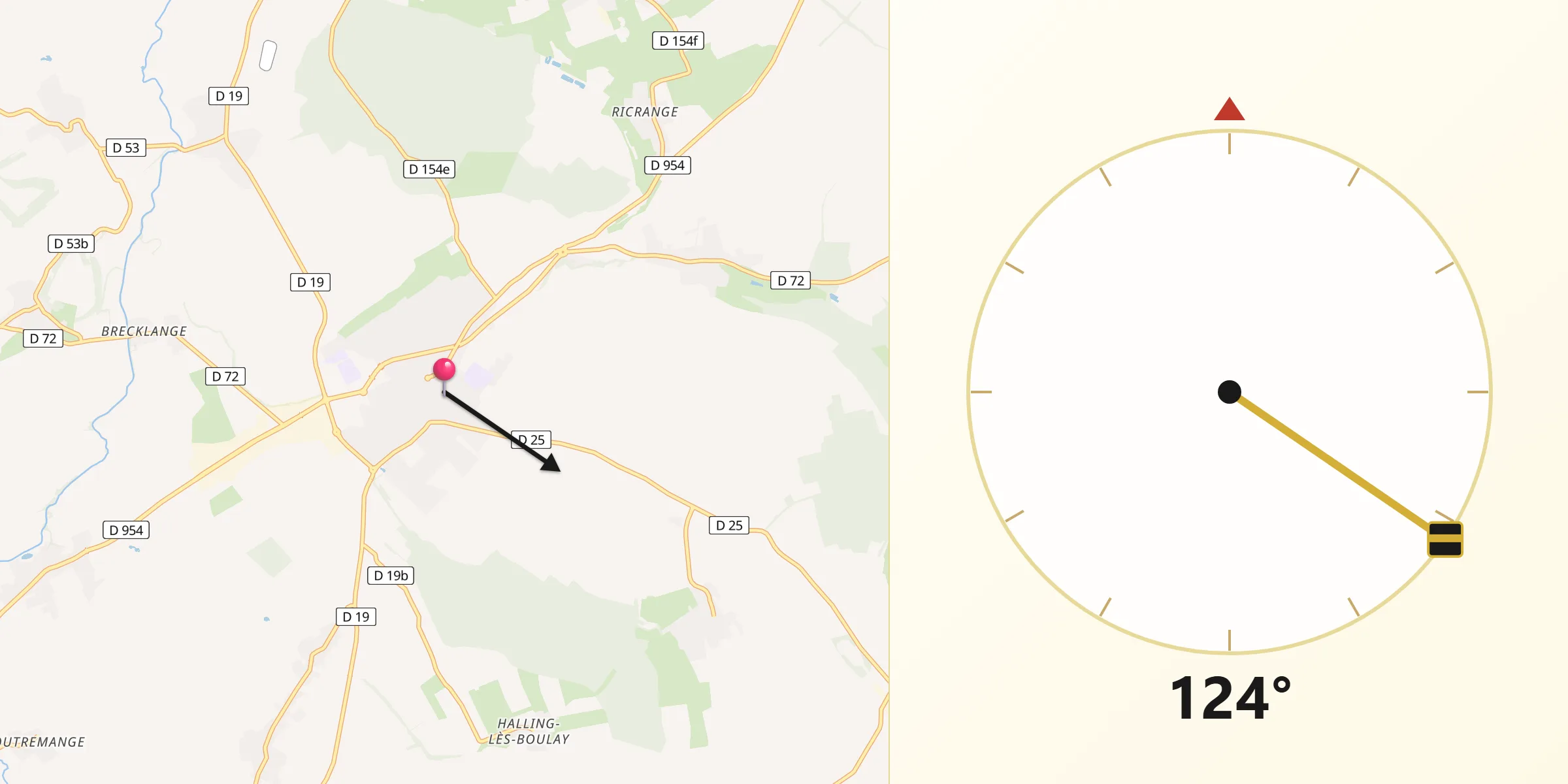 Direction vers la Qibla depuis Boulay-Moselle