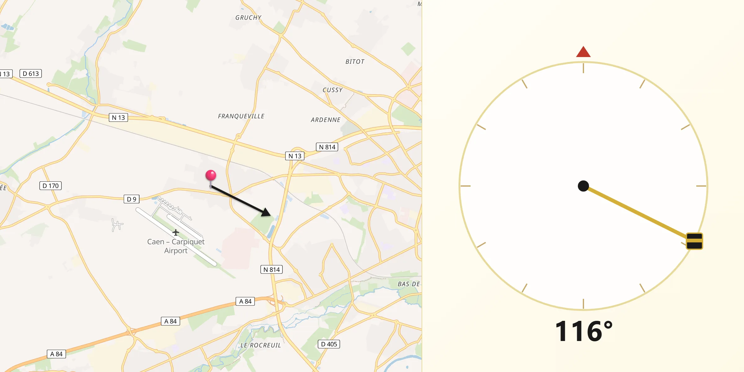 Direction vers la Qibla depuis Carpiquet