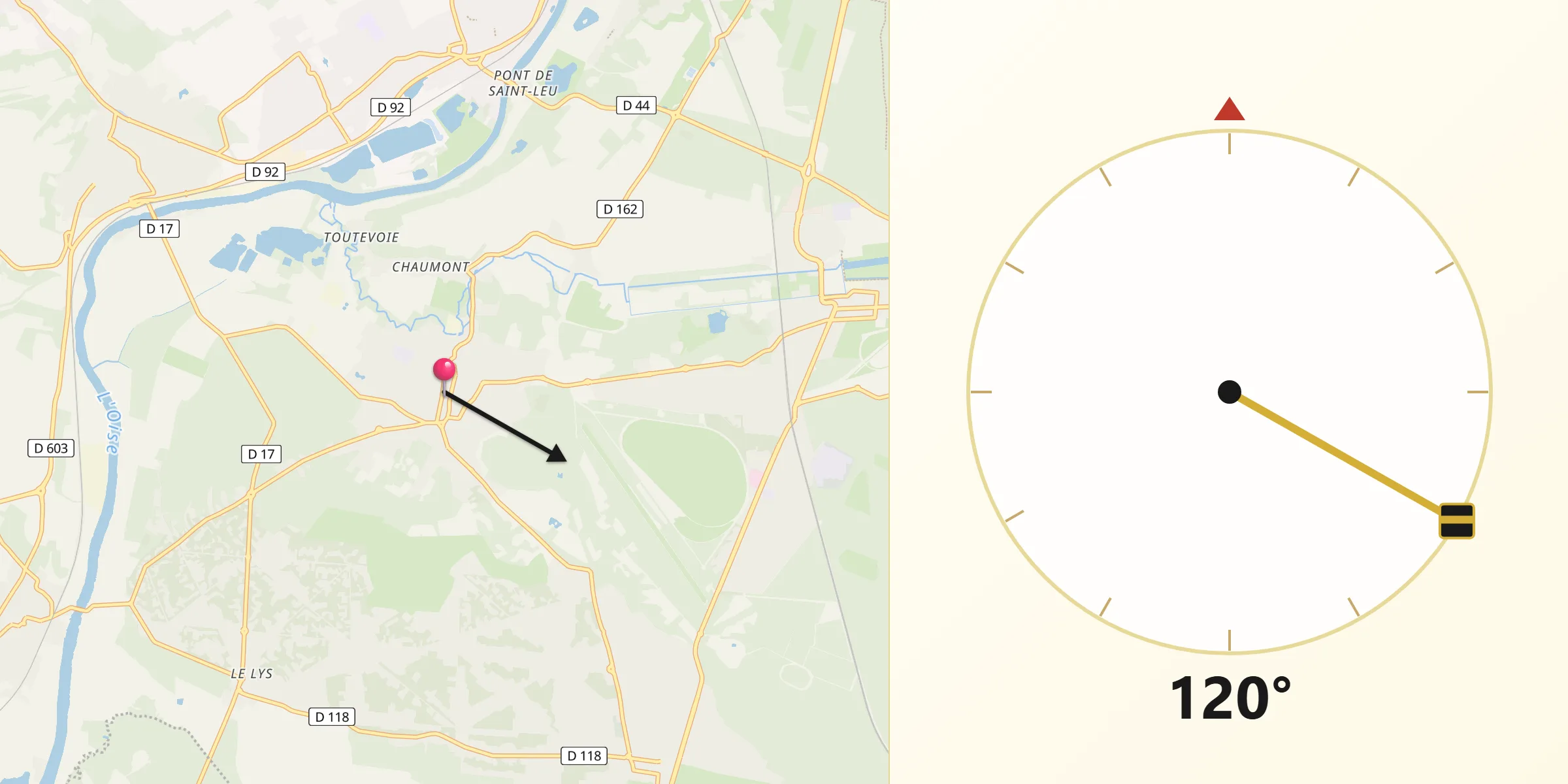 Direction vers la Qibla depuis Gouvieux