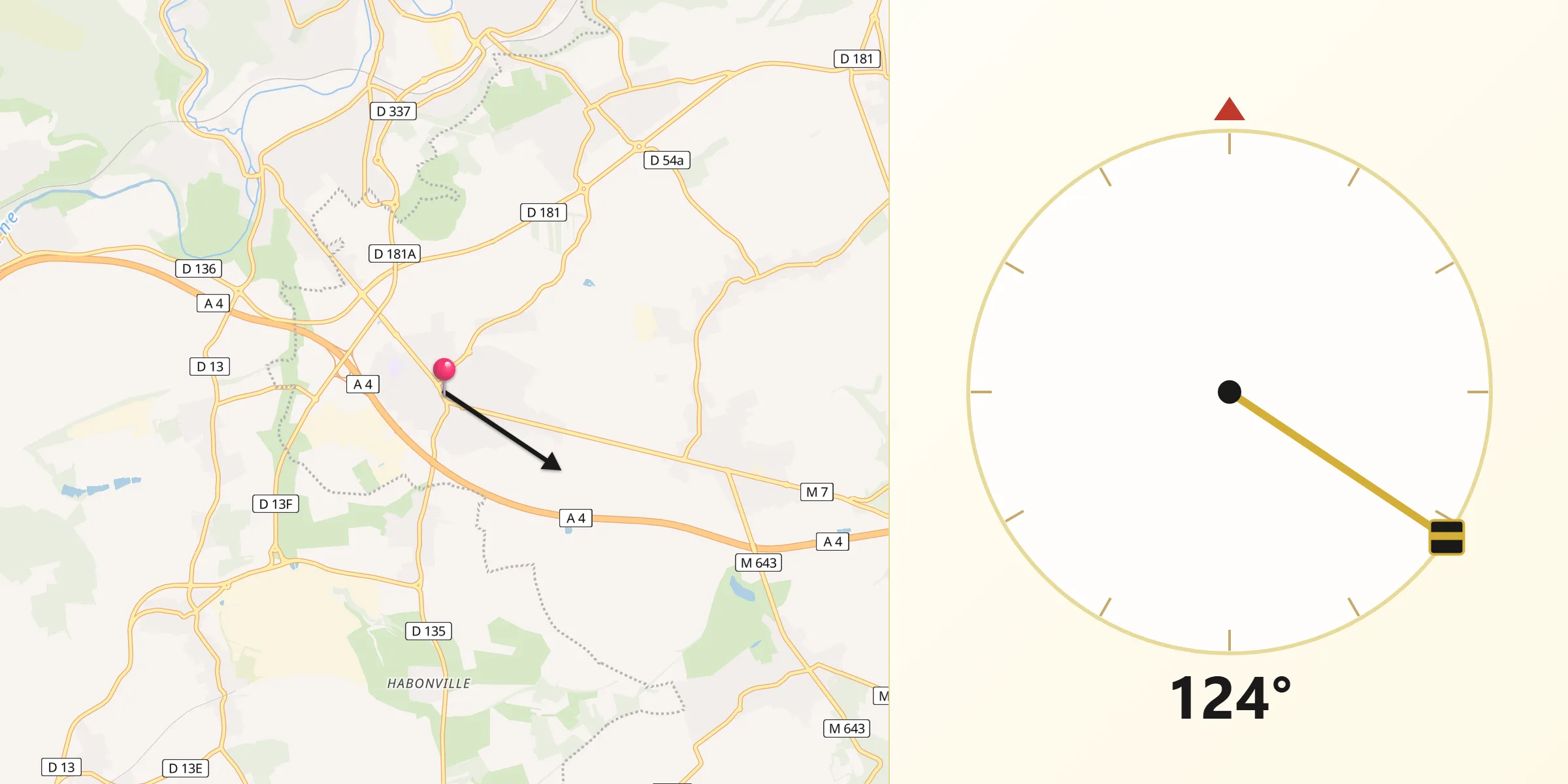 Direction vers la Qibla depuis Sainte-Marie-aux-Chênes