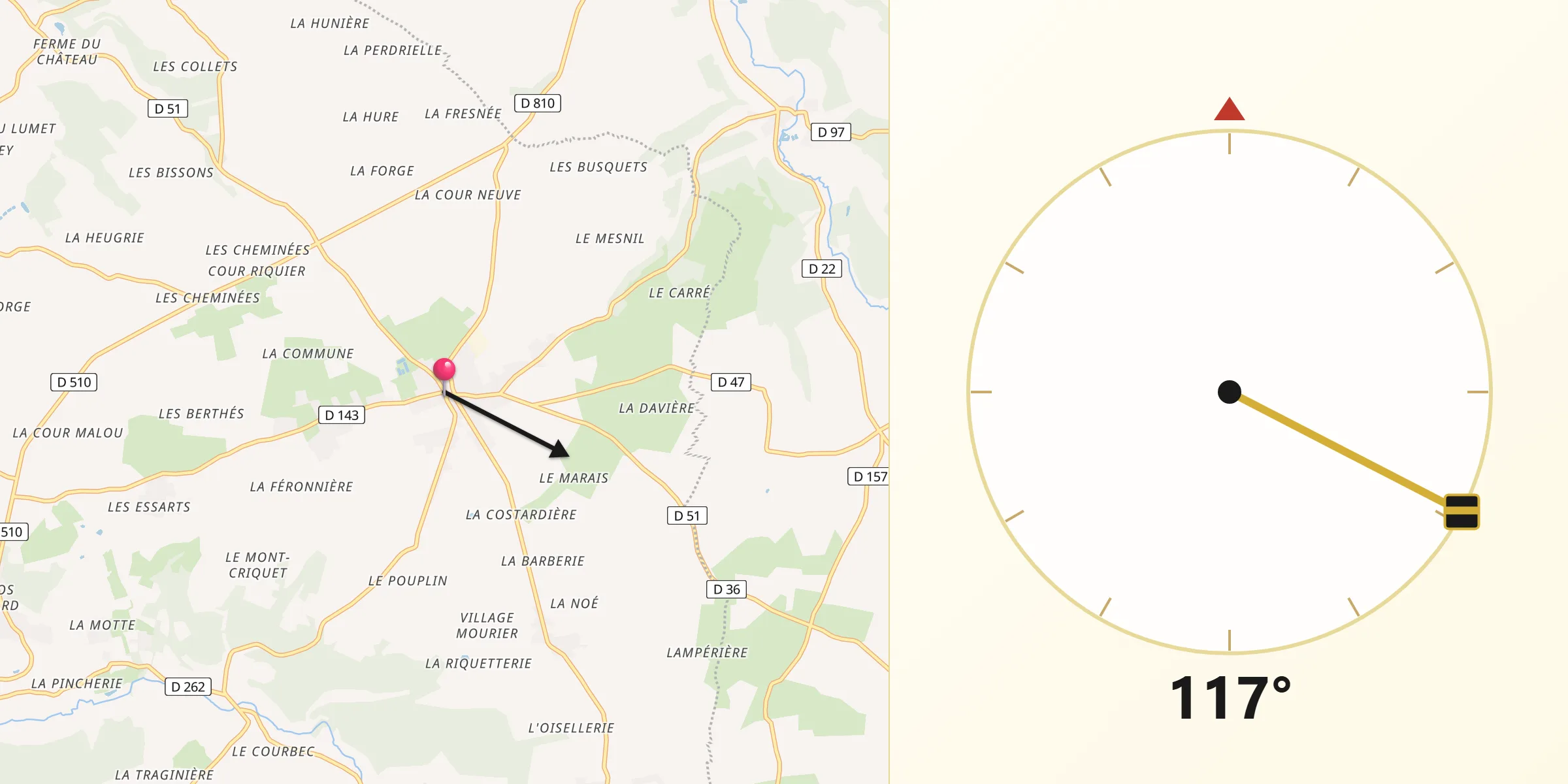Direction vers la Qibla depuis Moyaux