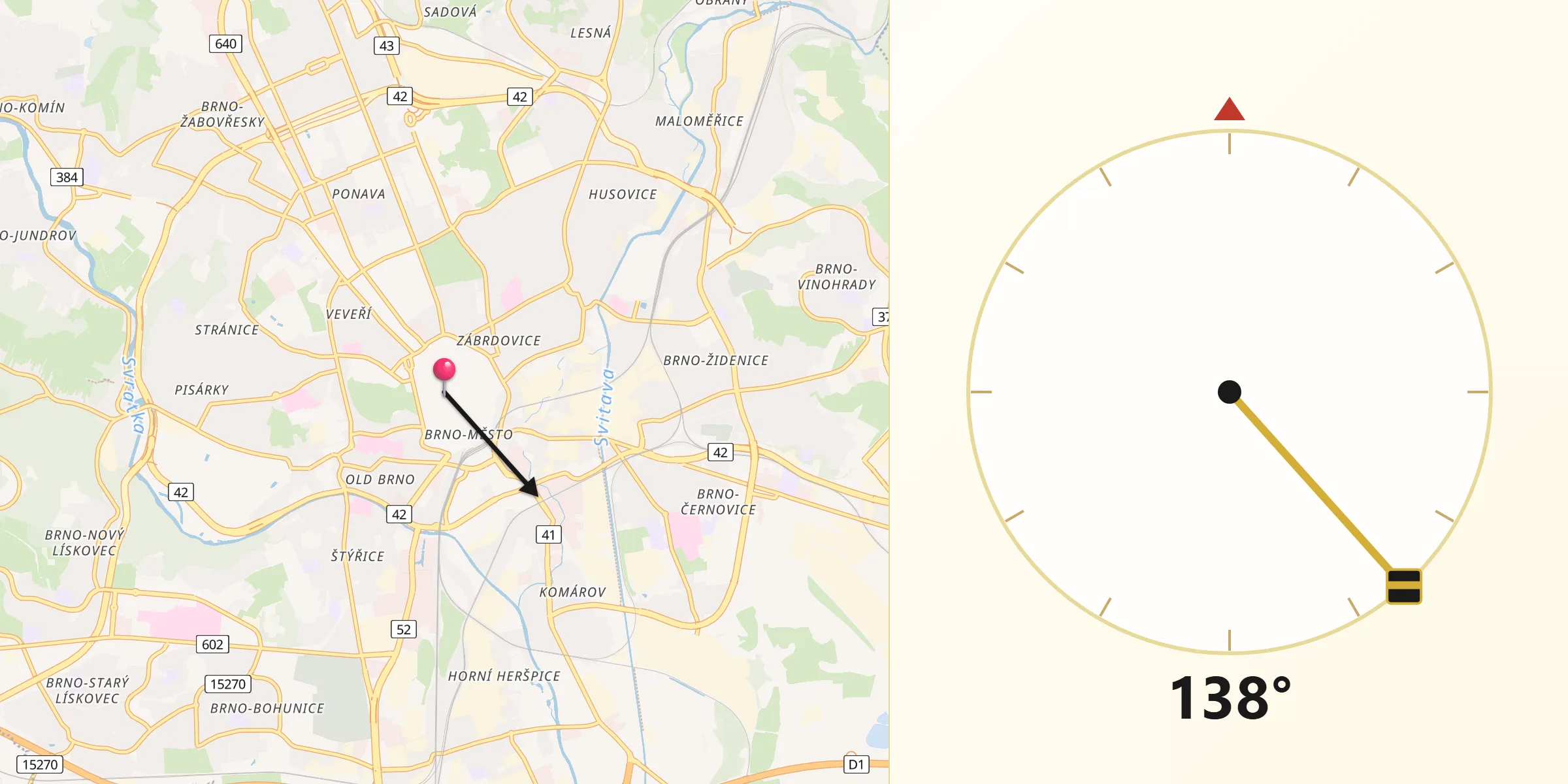 Direction vers la Qibla depuis Brno
