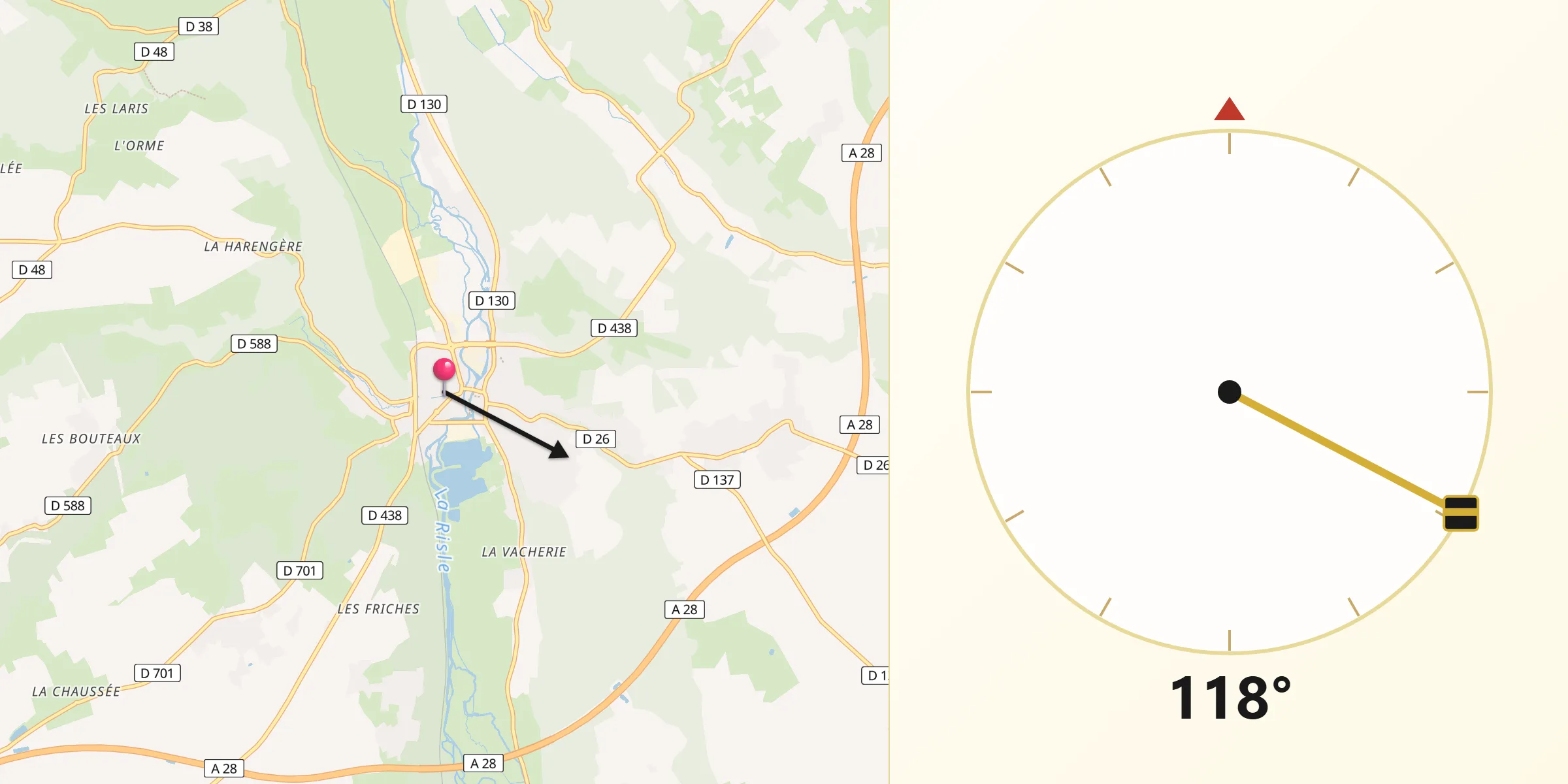 Direction vers la Qibla depuis Brionne