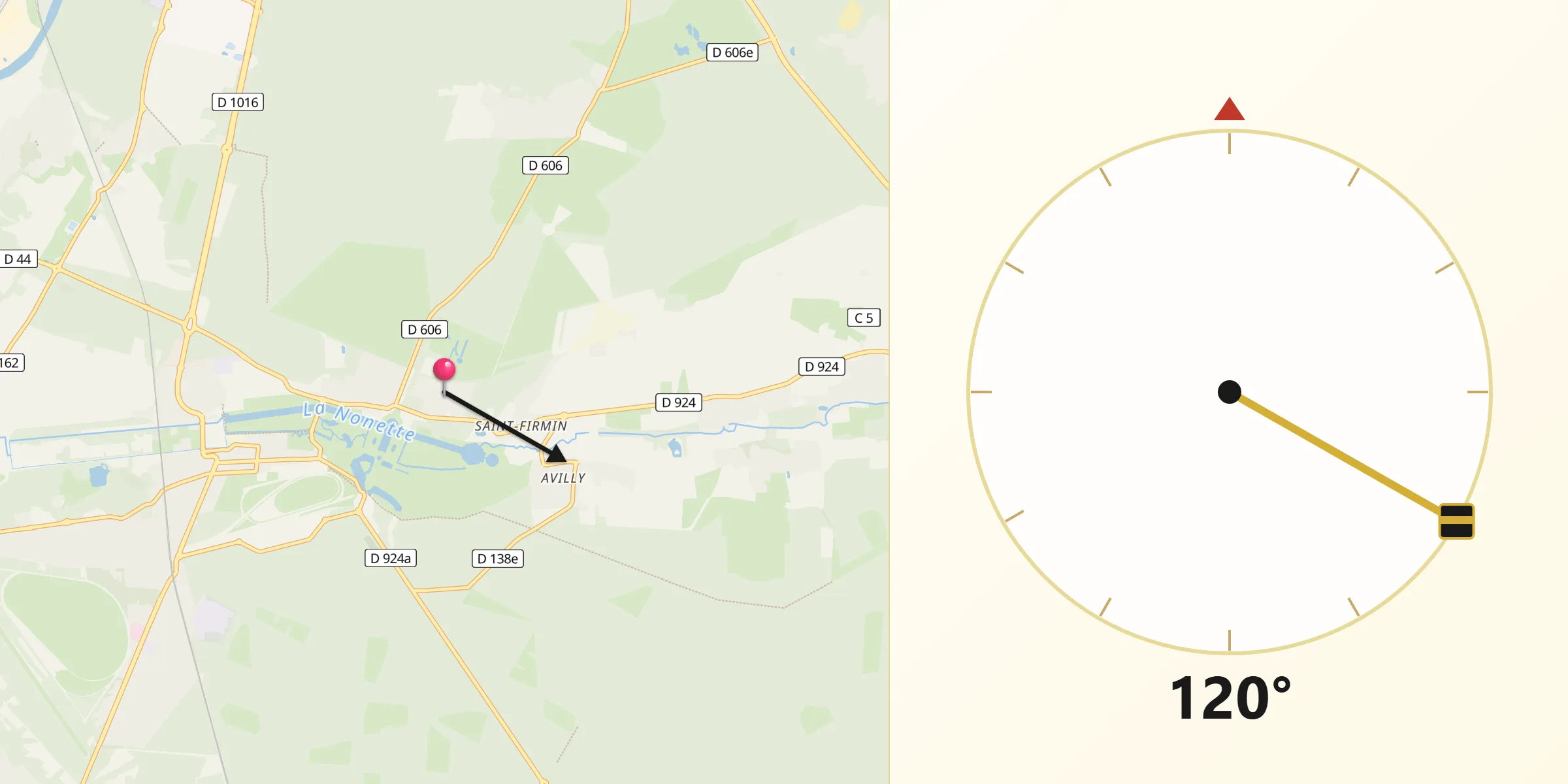Direction vers la Qibla depuis Vineuil-Saint-Firmin