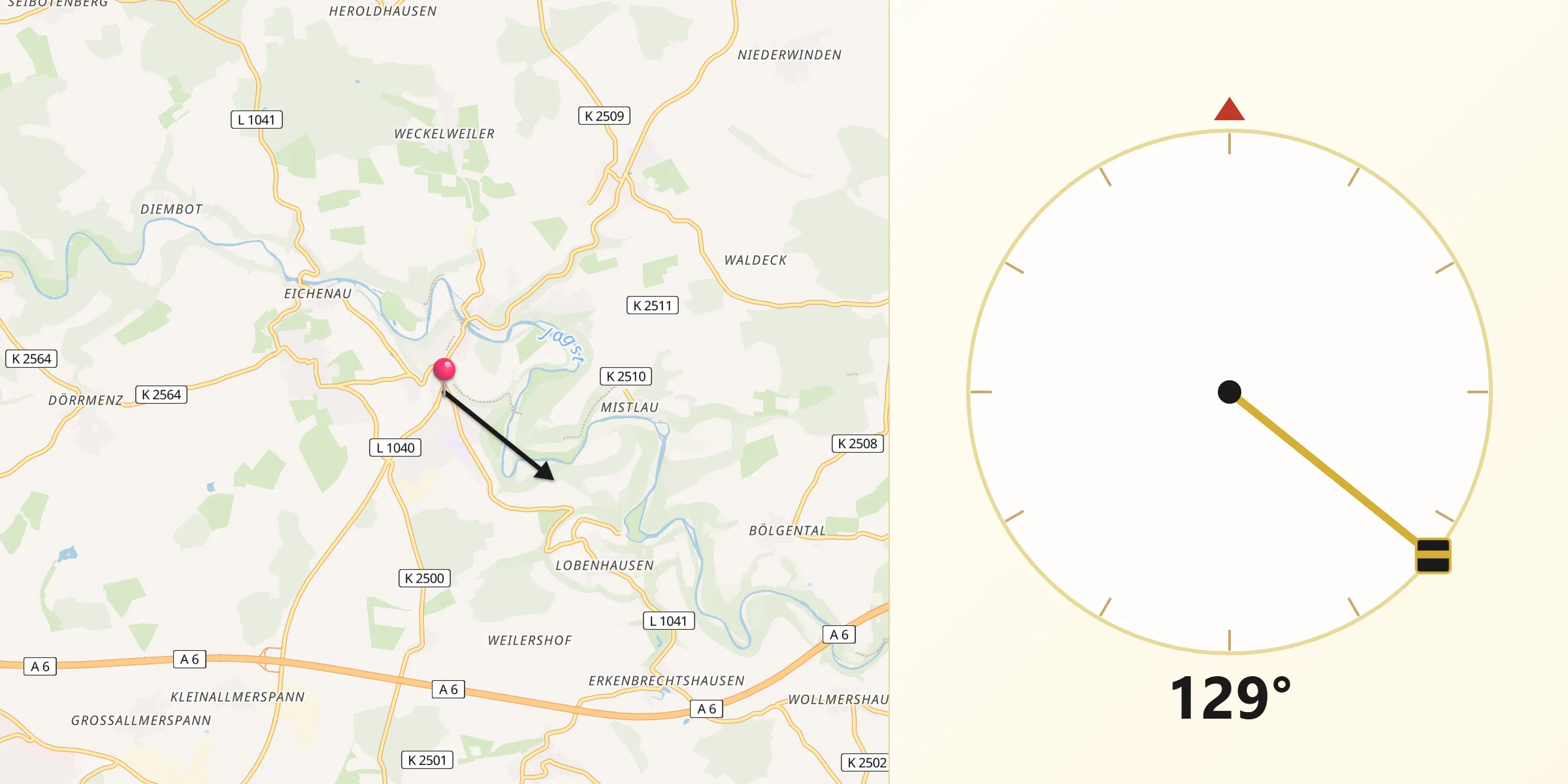 Qibla-Richtung von Kirchberg an der Jagst