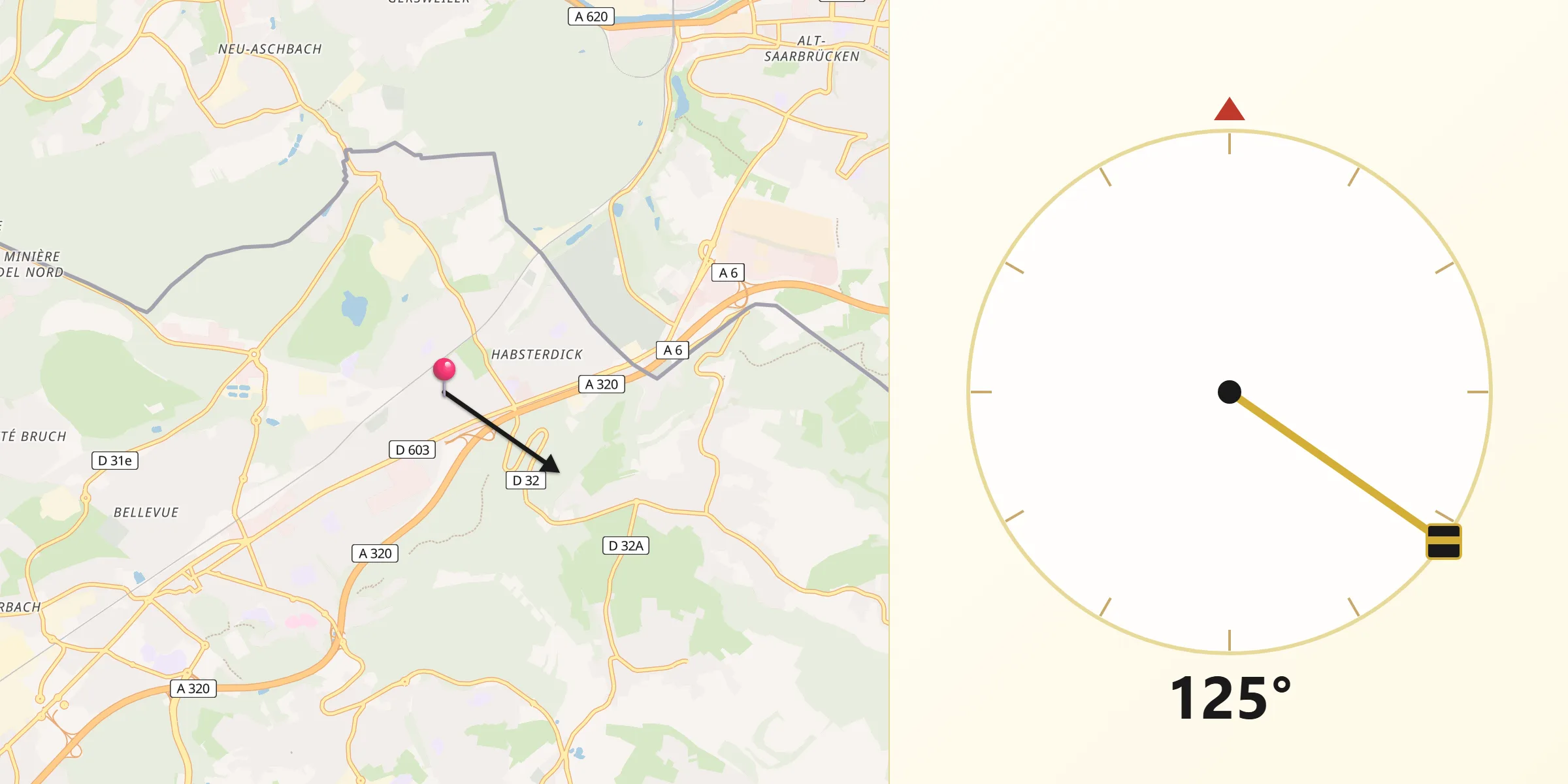 Direction vers la Qibla depuis Stiring-Wendel