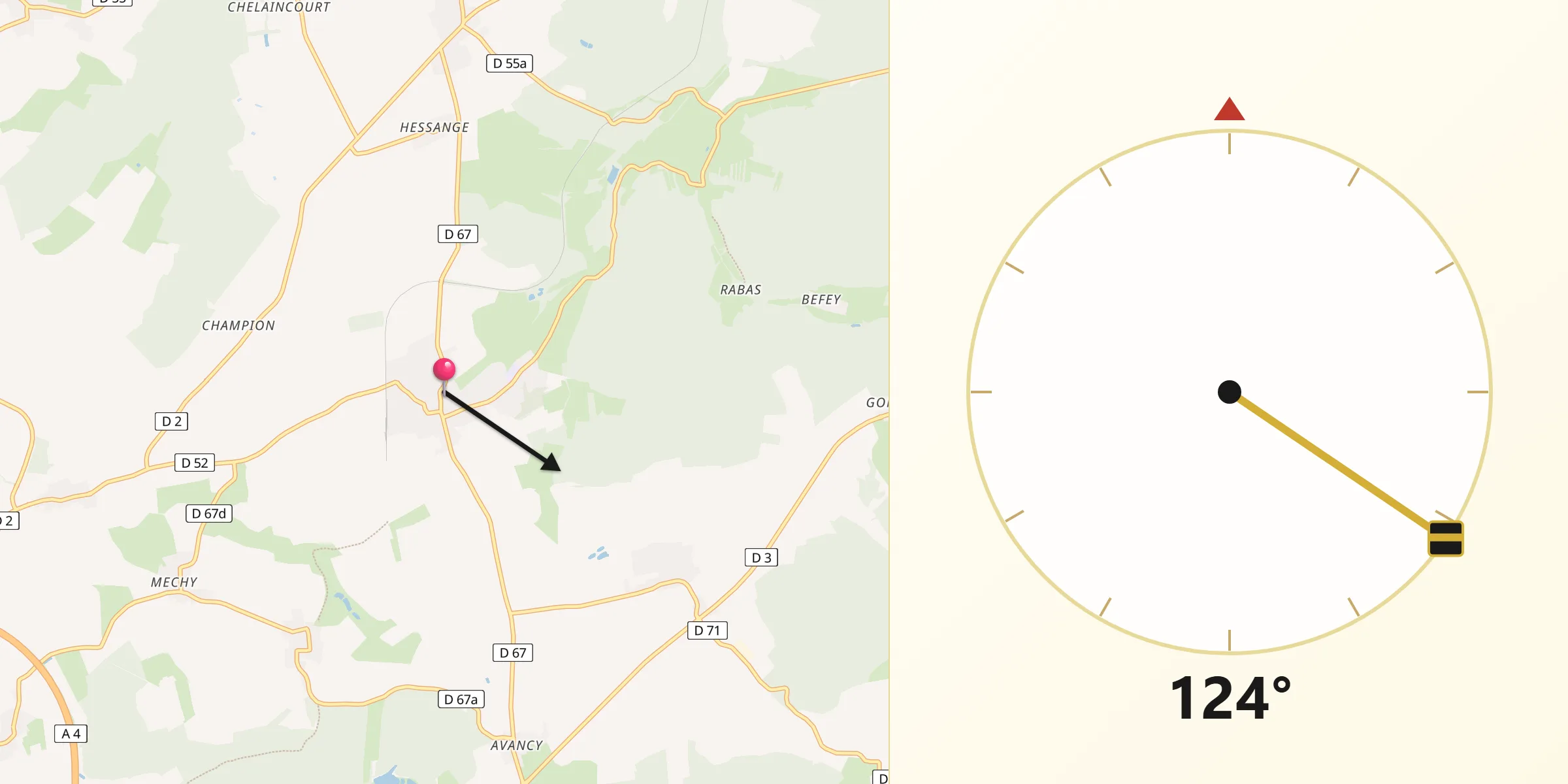 Direction vers la Qibla depuis Vigy