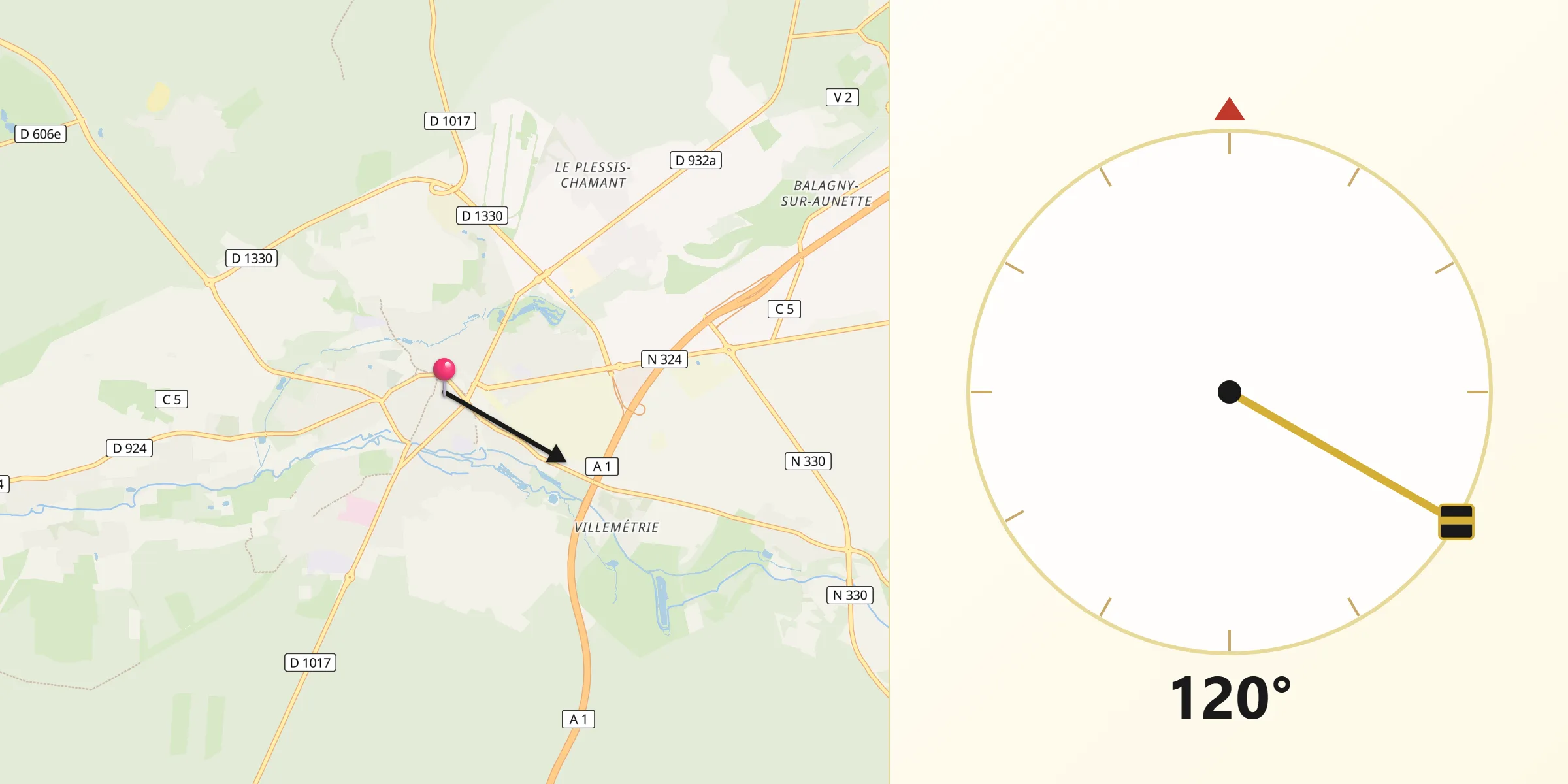 Direction vers la Qibla depuis Senlis