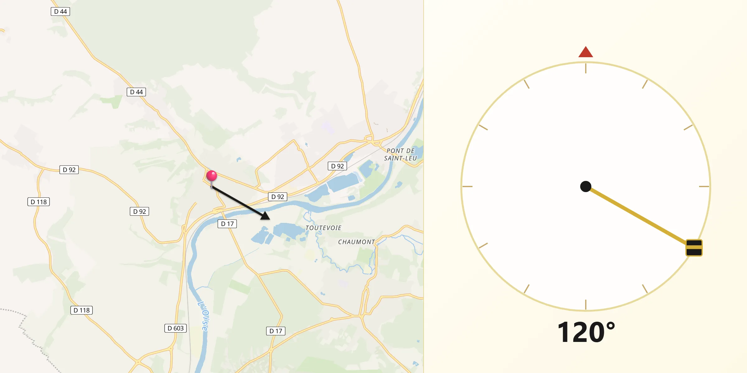 Direction vers la Qibla depuis Précy-sur-Oise