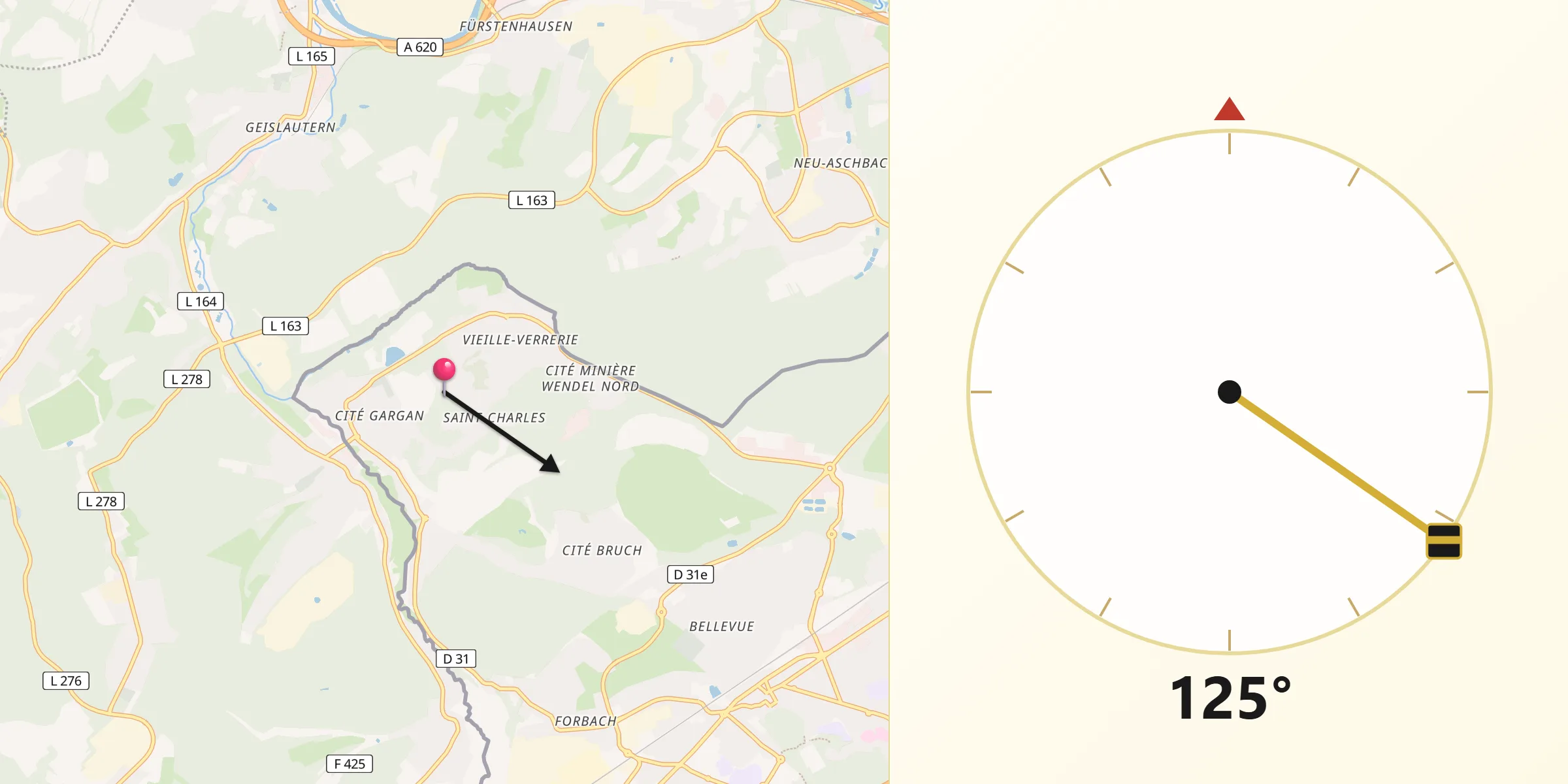 Direction vers la Qibla depuis Petite-Rosselle