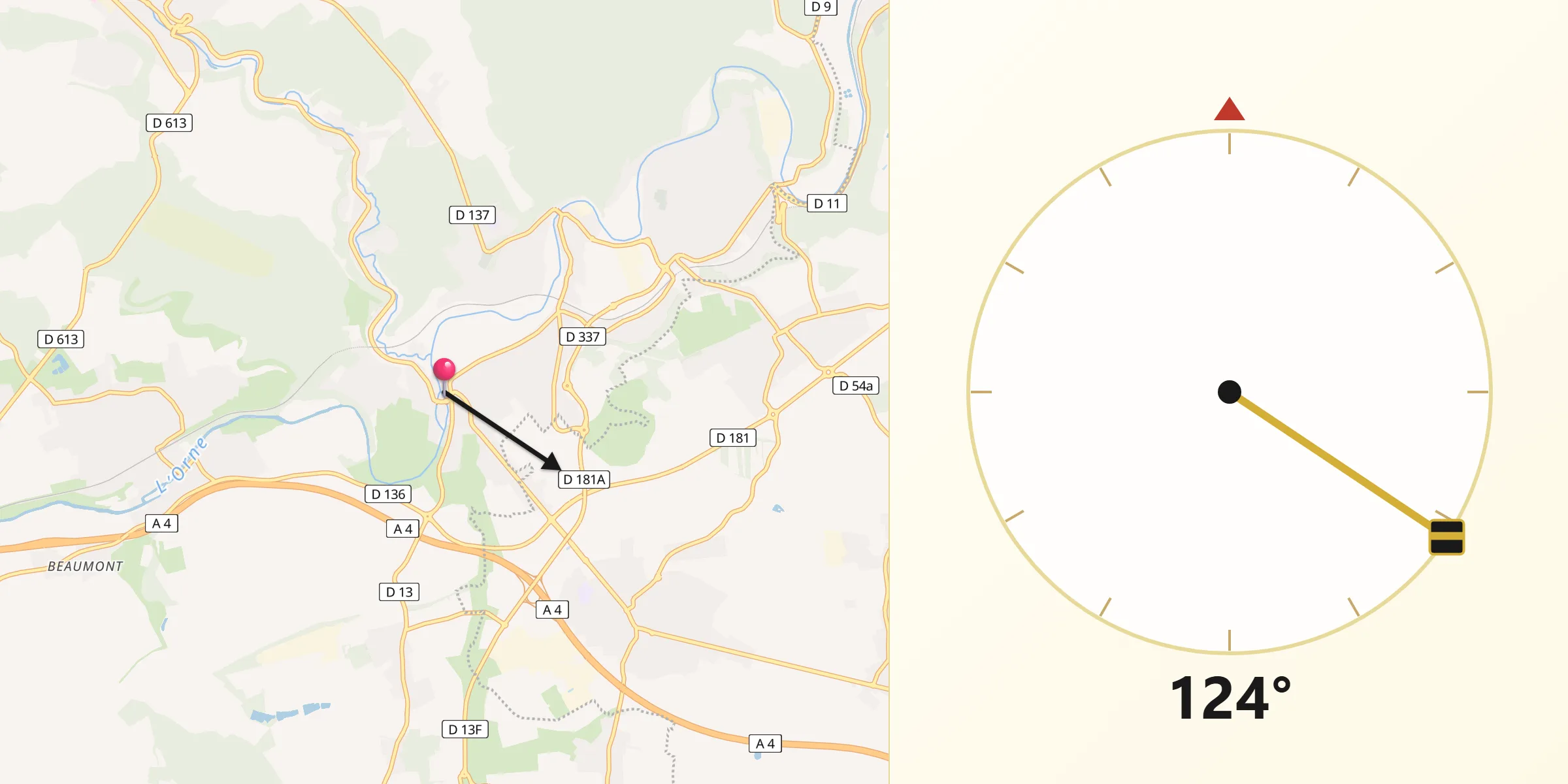 Direction vers la Qibla depuis Auboué