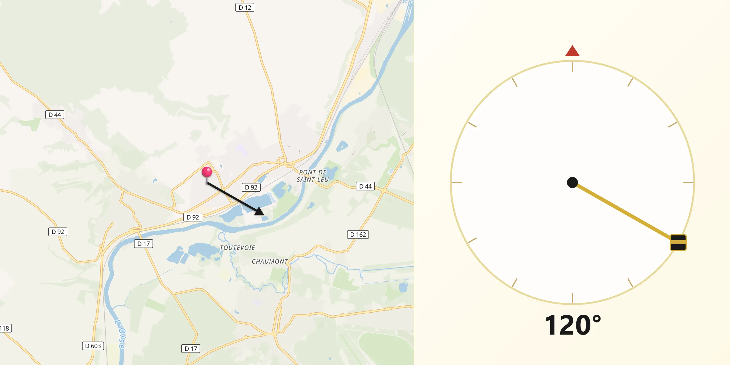 Direction vers la Qibla depuis Villers-sous-Saint-Leu
