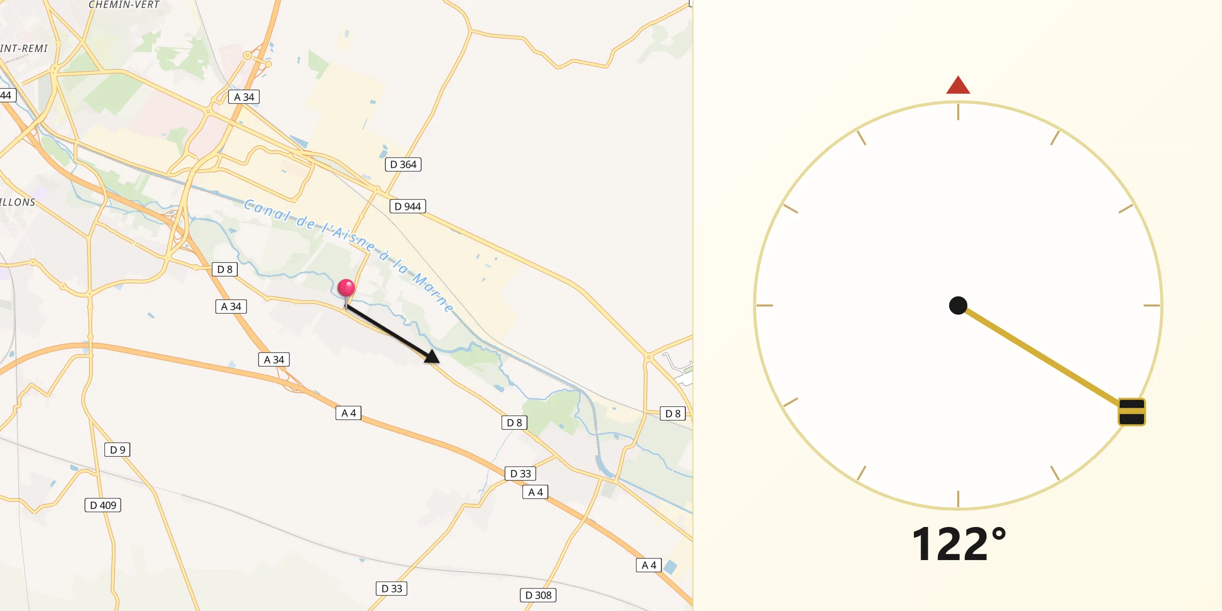 Direction vers la Qibla depuis Taissy