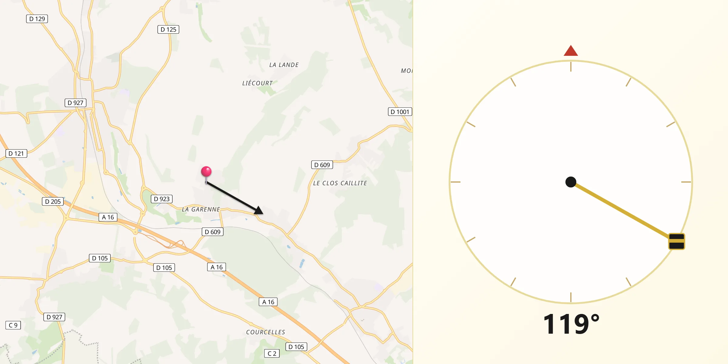 Direction vers la Qibla depuis Esches