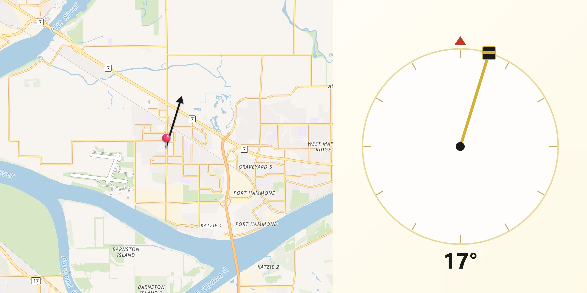 Qibla Direction from Pitt Meadows