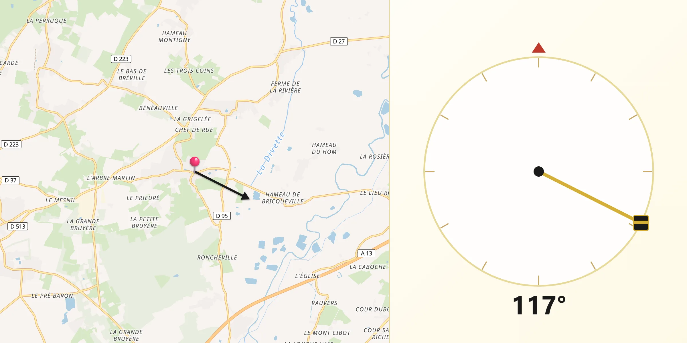 Direction vers la Qibla depuis Bavent