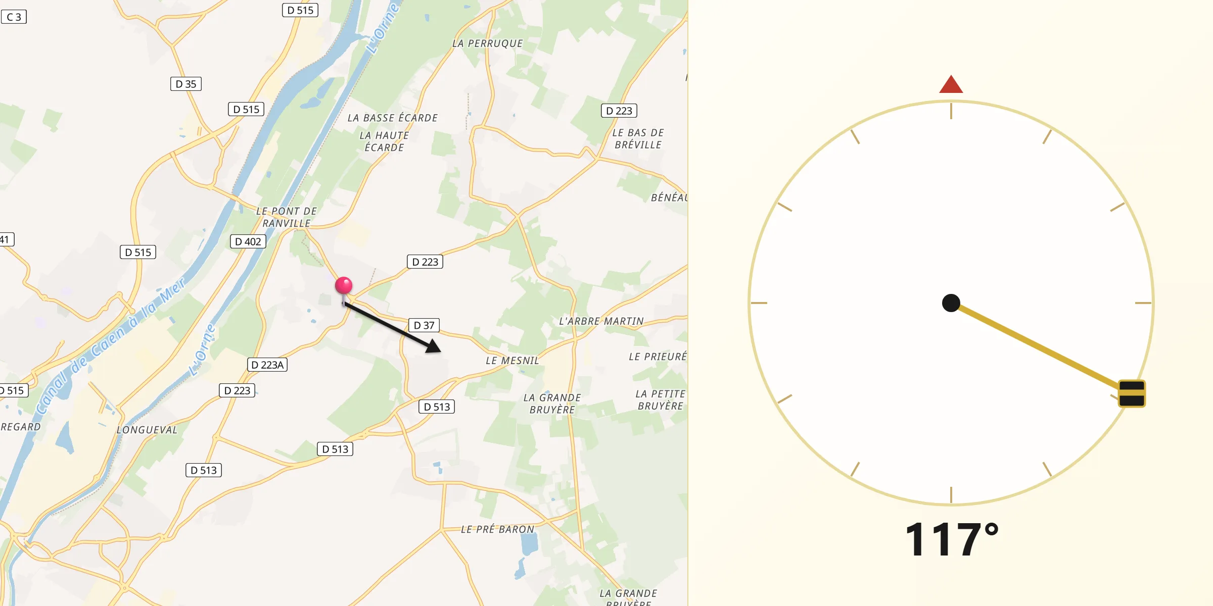 Direction vers la Qibla depuis Ranville