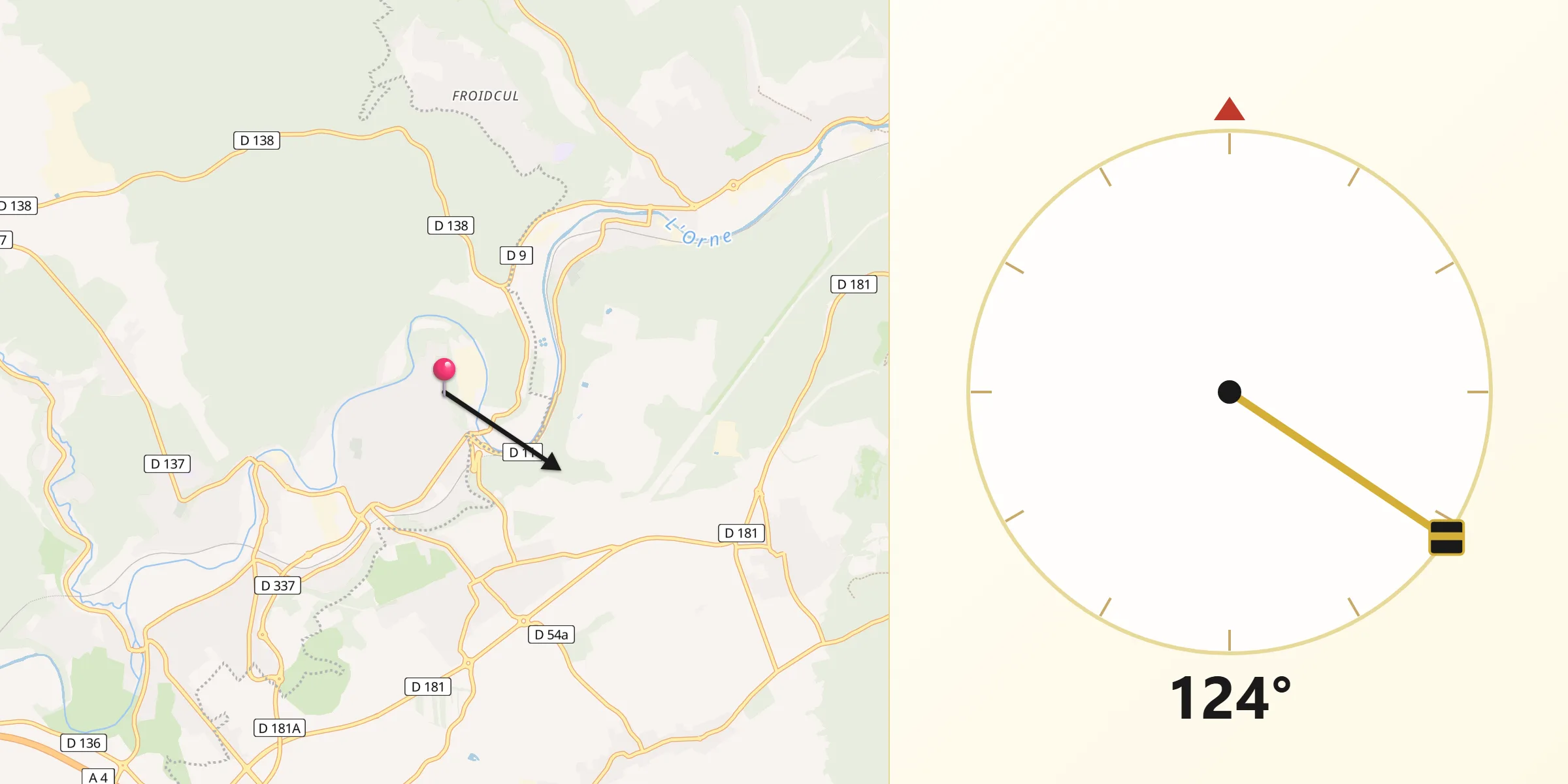 Direction vers la Qibla depuis Jœuf