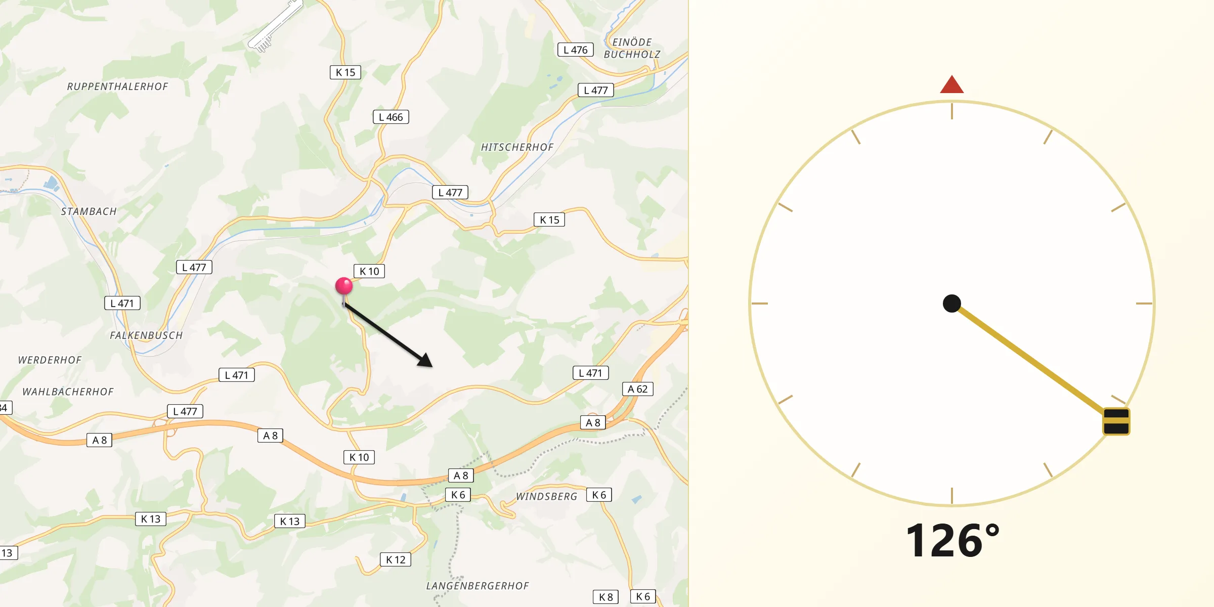 Qibla-Richtung von Rieschweiler-Mühlbach