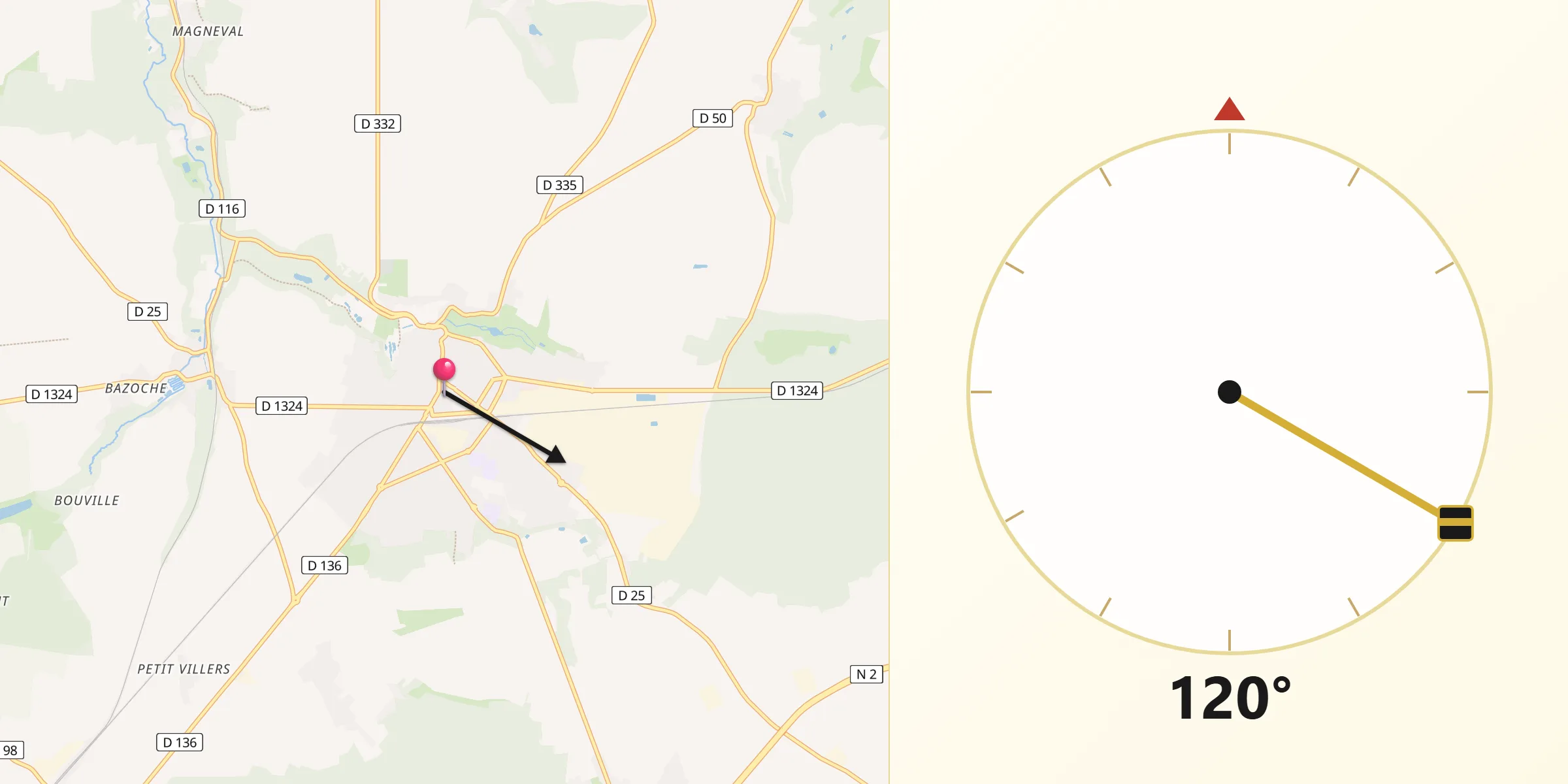 Direction vers la Qibla depuis Crépy-en-Valois