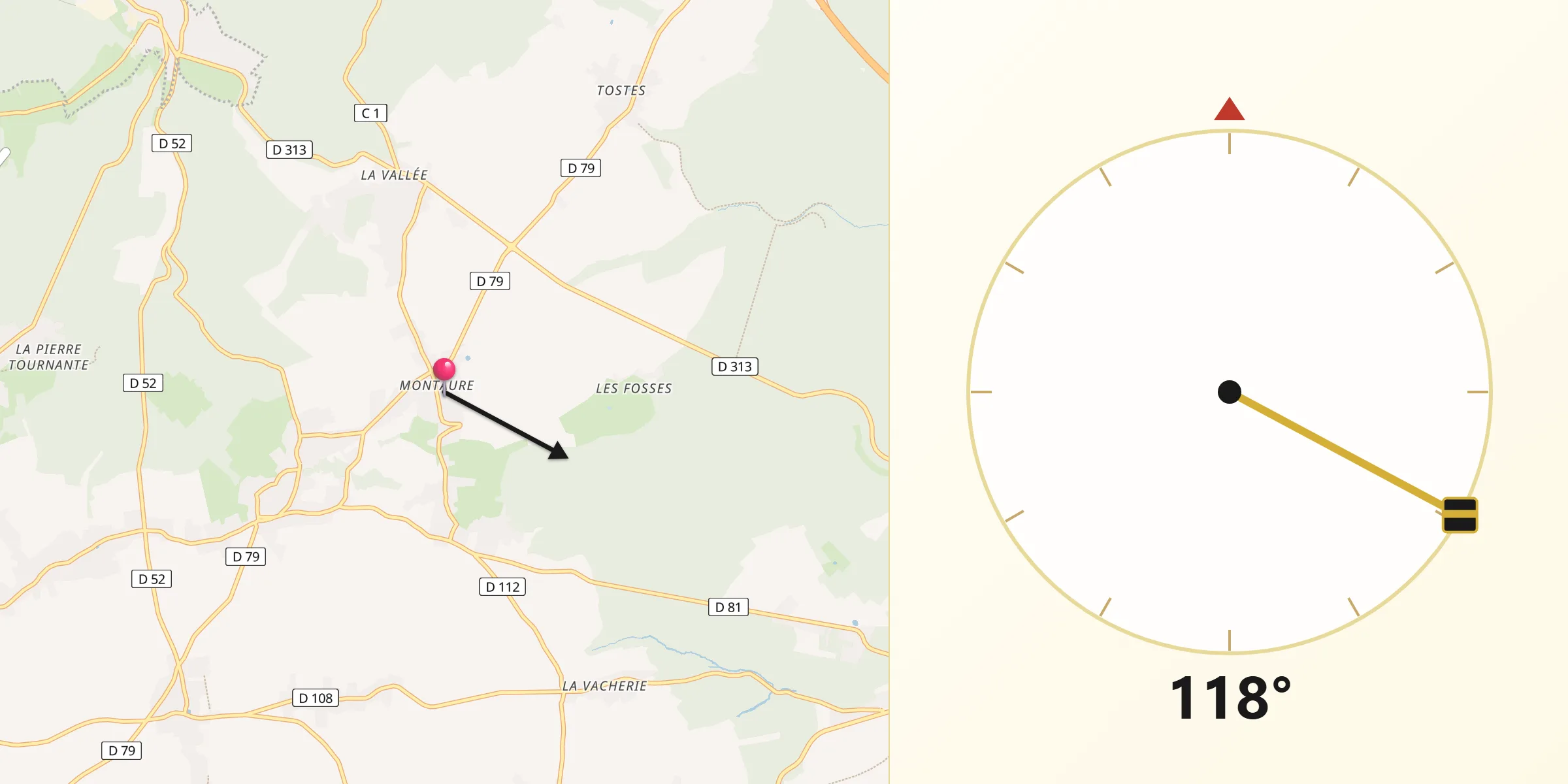 Direction vers la Qibla depuis Montaure