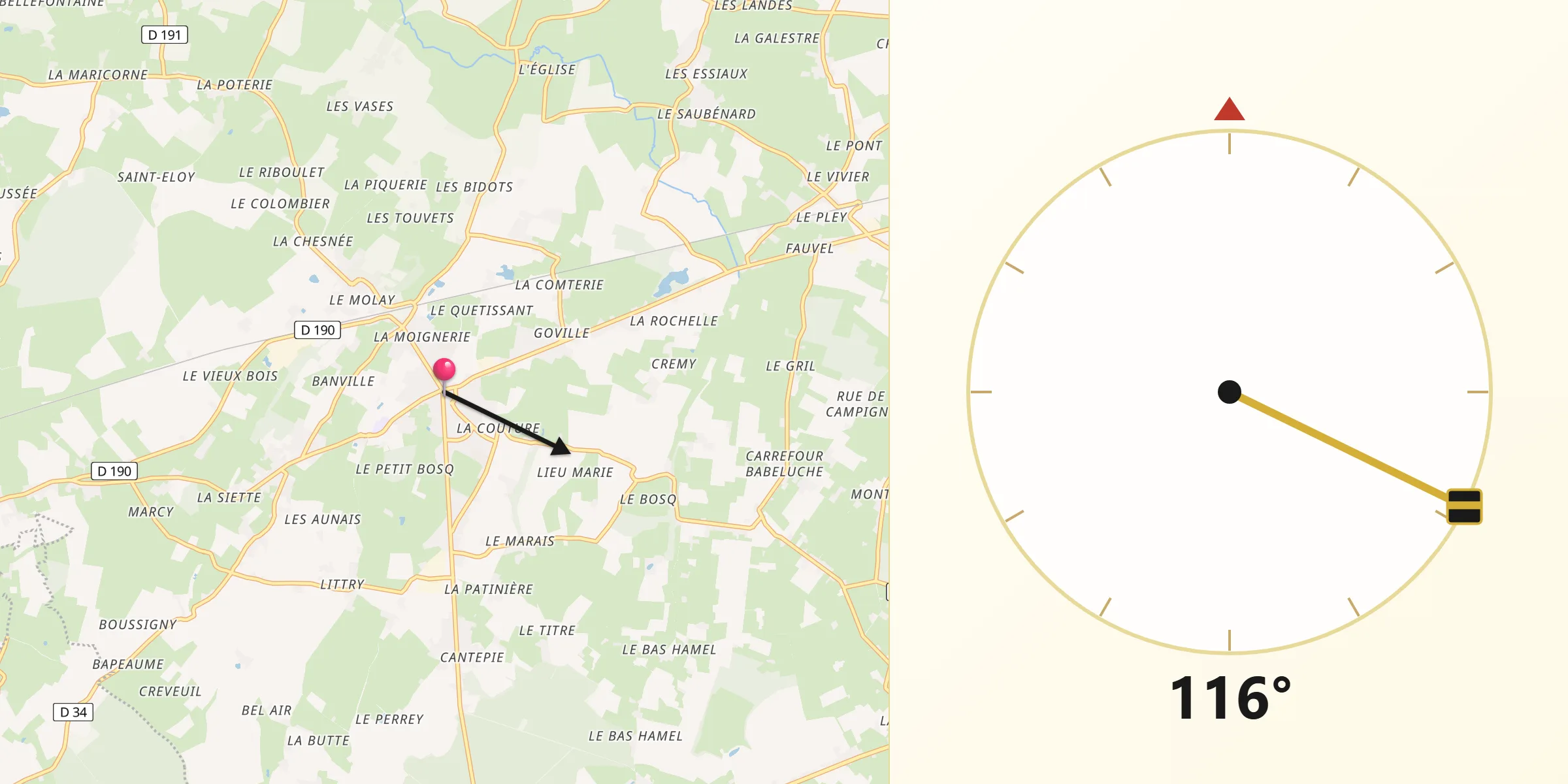 Direction vers la Qibla depuis Le Molay-Littry
