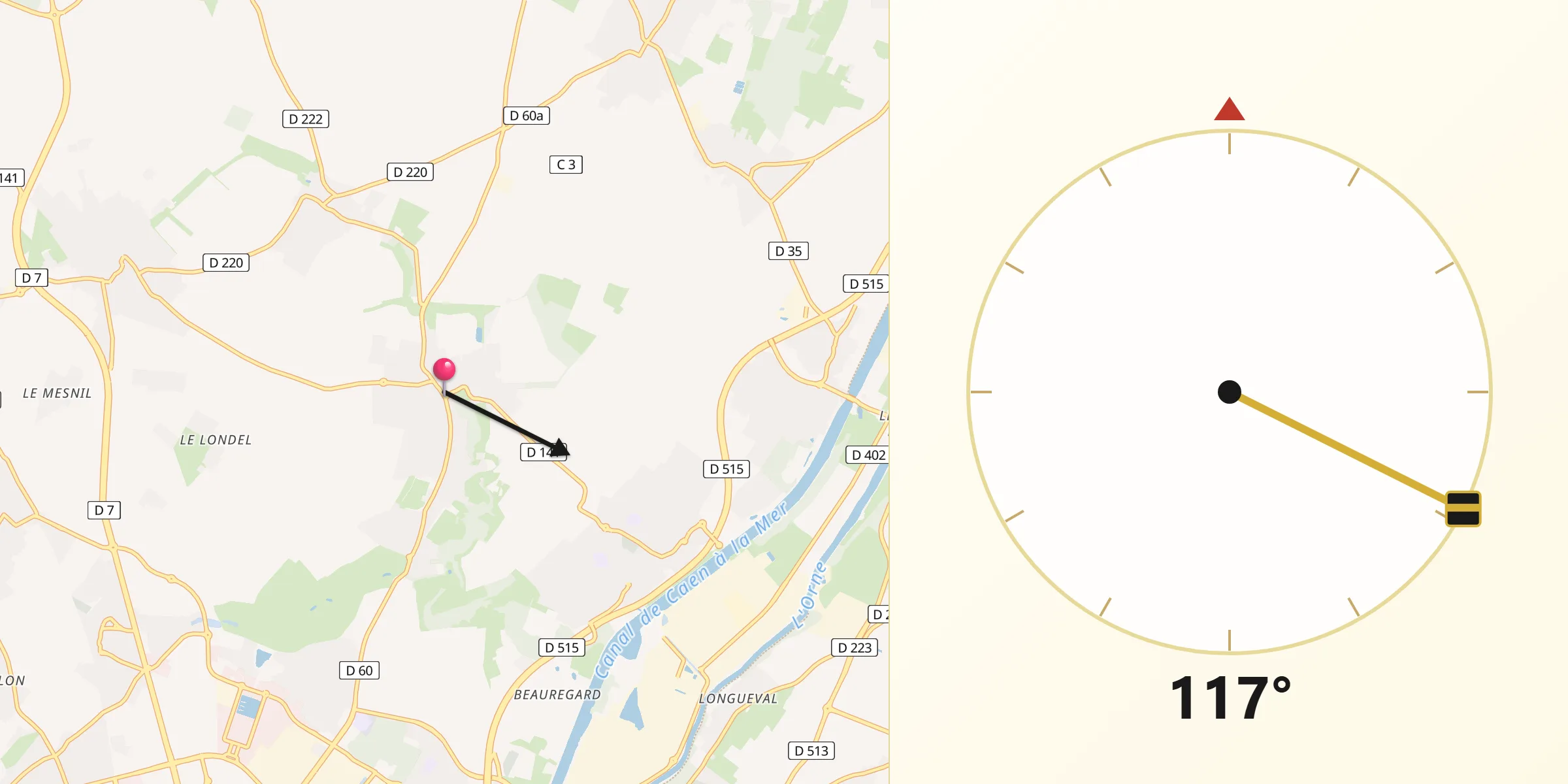 Direction vers la Qibla depuis Biéville-Beuville