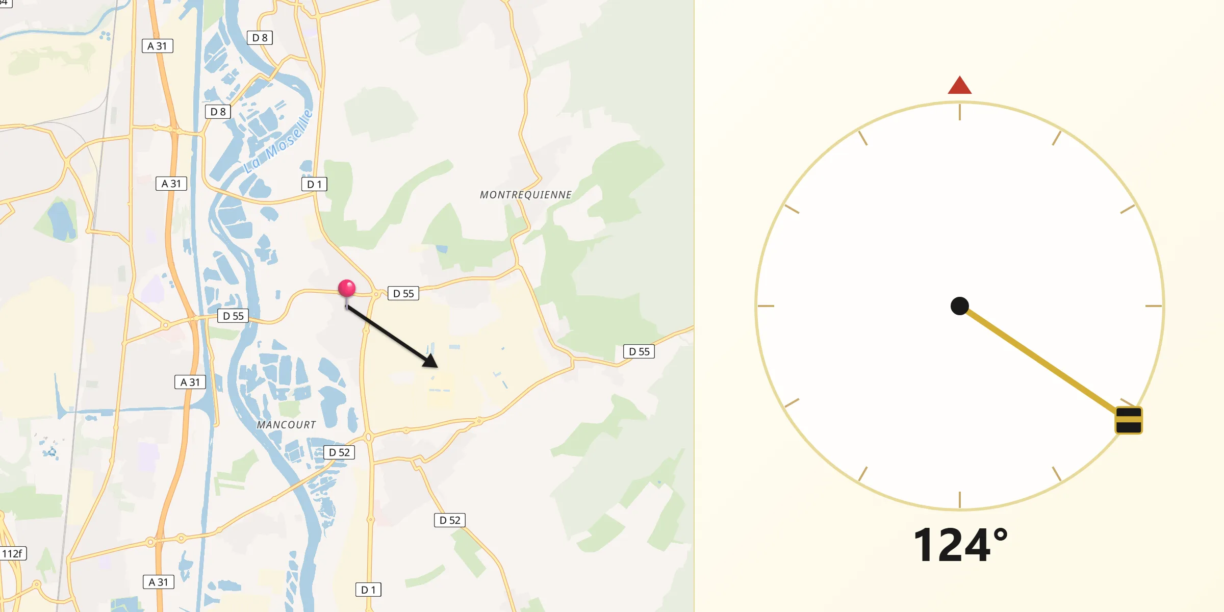Direction vers la Qibla depuis Ay-sur-Moselle